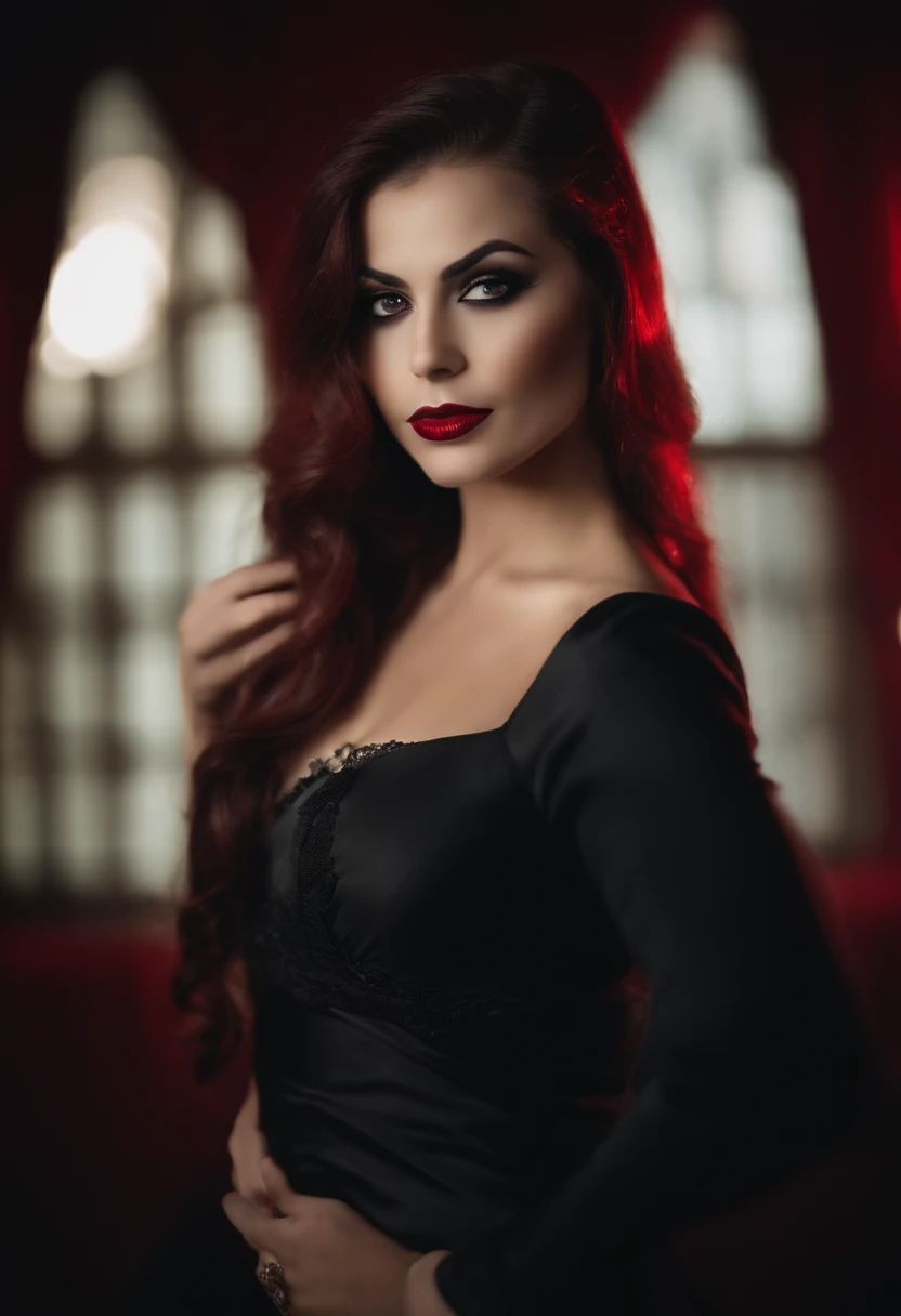 mulher com cabelo preto e batom vermelho posando para uma foto, beautiful scary female vampire, Retrato do vampiro bonito, beautiful female vampire, rainha feminina vampira bonita, vampiro mulher, Retrato de uma senhora vampira, rainha vampira bonita, female vampire, Carmilla Vampiro, menina vampiro, vampiro assustador, retrato do vampiro, moda vampiro, com presas, presas de vampiro, vestido longo, foto de corpo inteiro, pose de corpo inteiro, dentes de vampiro