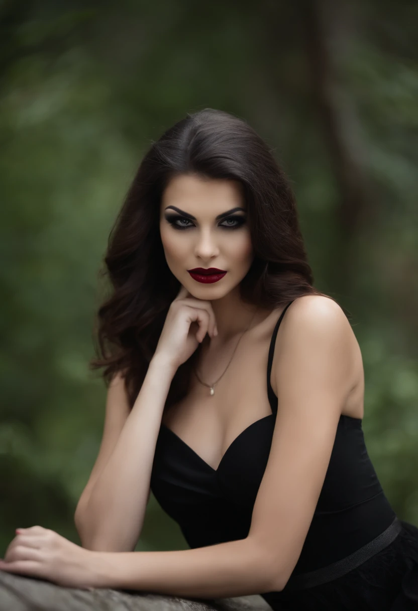 mulher com cabelo preto e batom vermelho posando para uma foto, beautiful scary female vampire, Retrato do vampiro bonito, beautiful female vampire, rainha feminina vampira bonita, vampiro mulher, Retrato de uma senhora vampira, rainha vampira bonita, female vampire, Carmilla Vampiro, menina vampiro, vampiro assustador, retrato do vampiro, moda vampiro, com presas, presas de vampiro, vestido longo, foto de corpo inteiro, pose de corpo inteiro, dentes de vampiro