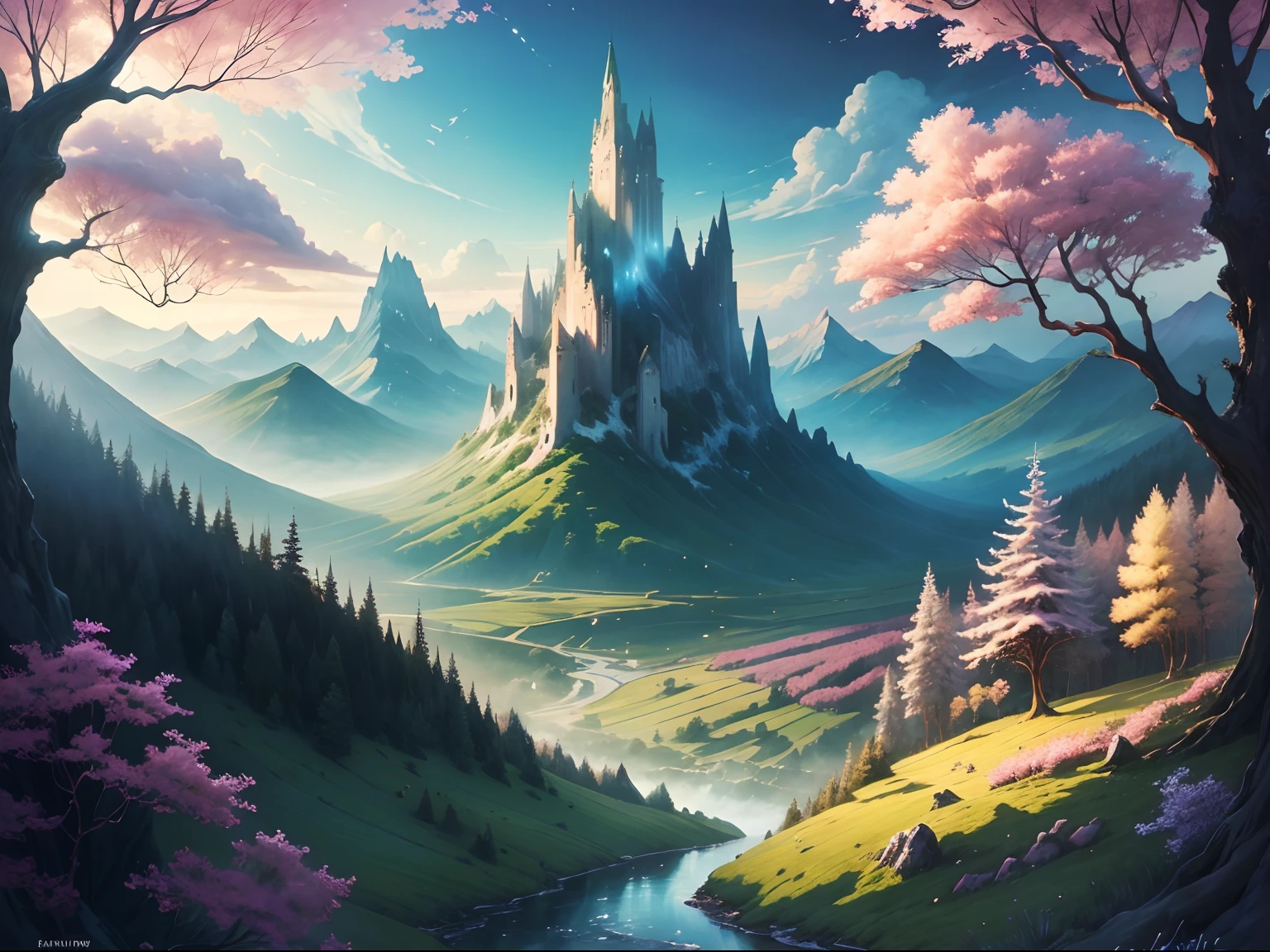 heavenly landscape of watercolor,(best quality,highres,masterpiece:1.2),Tim Burton,Studio Ghibli,Botticelli,watercolor painting,ethereal colors,pastel tones,dreamlike atmosphere,vibrant hues,soft brushstrokes,detailed scenery,fantastical elements,magical ambiance,mystical lighting,mix of realism and fantasy,whimsical clouds,majestic mountains,serene rivers,golden sunbeams,swaying trees,breathtaking skyscape,ethereal figures,dreamy composition,fairytale-like setting,harmony of nature and imagination.