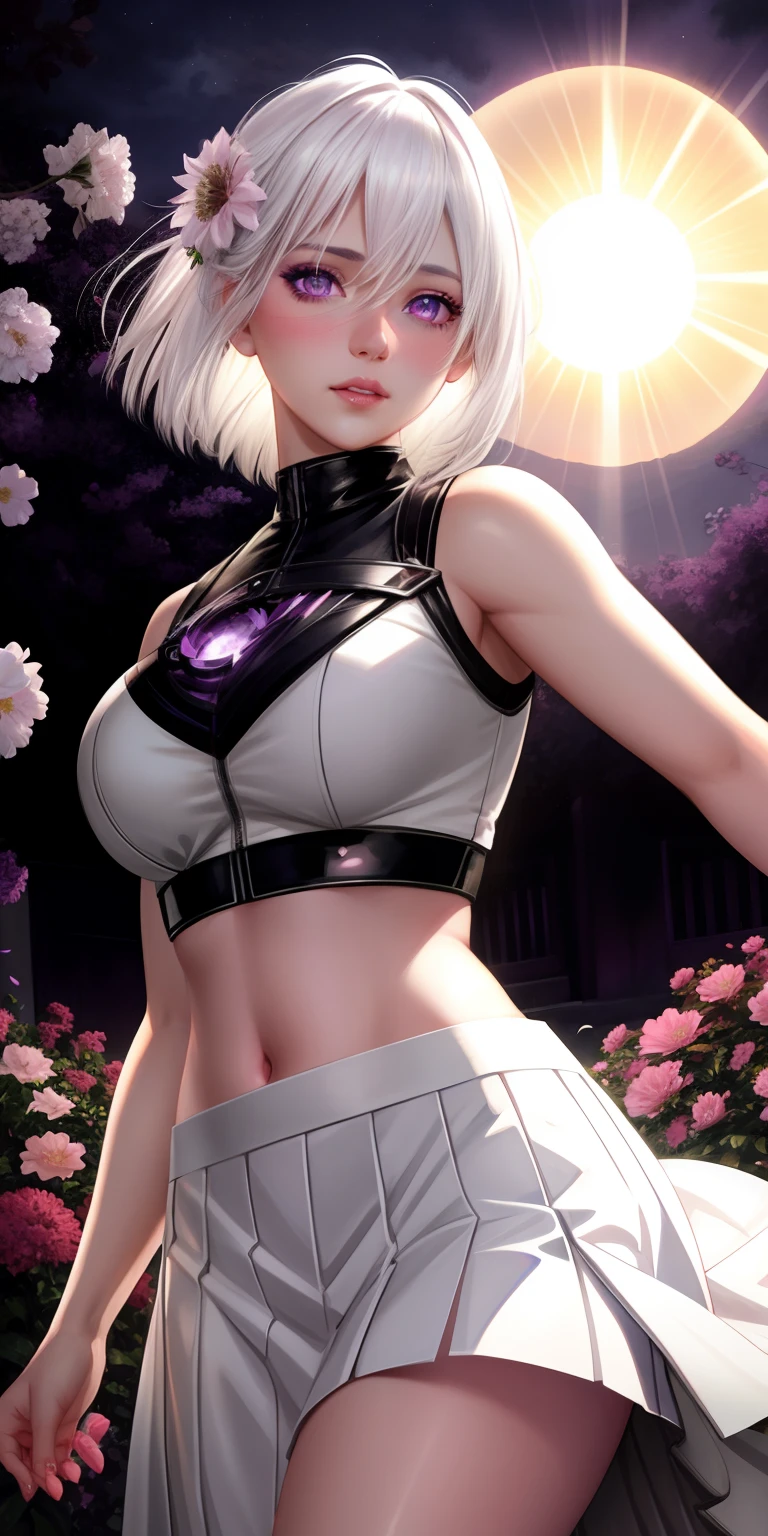 realistic, 1girl, white hair, purple eyes, glowing eyes, crop top, skirt, parted lips, blush, night, flowers, sun, sunlight,