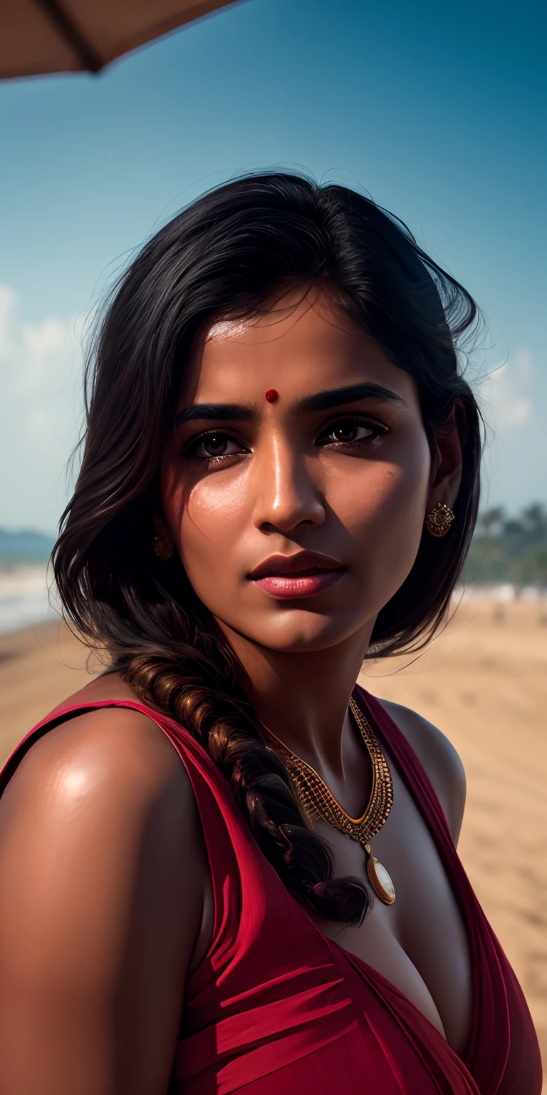 beautiful mature Indian college girl, in red saree, outside on beach, ((busty, sexy)), photorealistic, photo, masterpiece, realistic, realism, photorealism, high contrast, photorealistic digital art trending on Artstation 8k HD high definition detailed realistic, detailed, skin texture, hyper detailed, realistic skin texture, armature, best quality, ultra high res, (photorealistic:1.4),, high resolution, detailed, raw photo, sharp re, by lee jeffries nikon d850 film stock photograph 4 kodak portra 400 camera f1.6 lens rich colors hyper realistic lifelike texture dramatic lighting unrealengine trending on artstation cinestill 800,