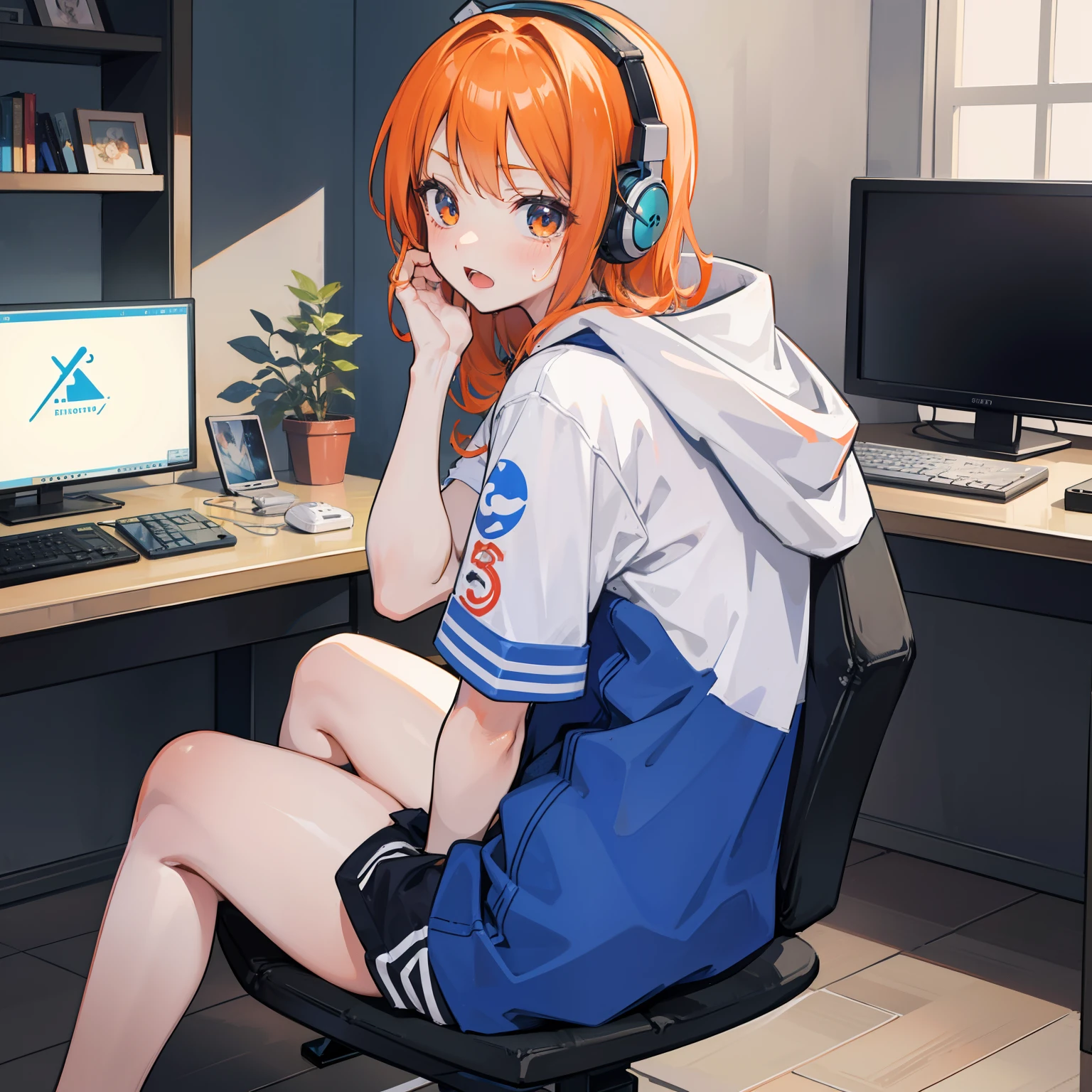 view straight on,Front Angle、masutepiece, Fine detail, 4K, 8K, 12K, Solo, One Person, Beautiful Girl, caucasian female, Nami of one piece, Orange hair, Game Controller, Indoors, Room, Own room, a computer, Playing games, Hoodie、darkened room、headphones、Face that cried、Opening Mouth、nigh sky、sit a chair、Butt to the chair、sit a chair、nigh sky