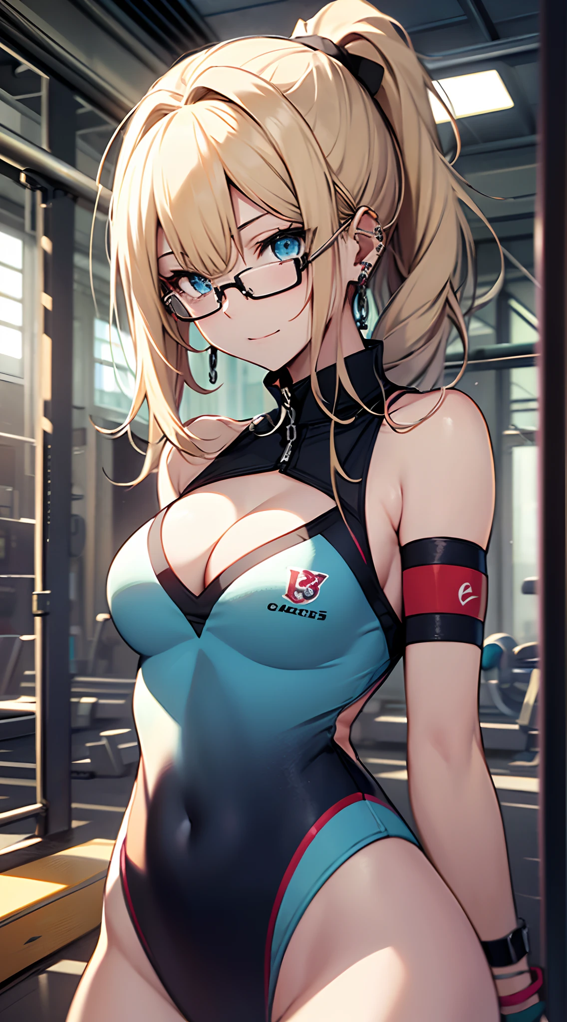 top-quality、Top image quality、masterpiece、girl with((18year old、Gymnastics uniforms:1.2、Bust 85、a blond、disheveled ponytail、Blue eyes、open chest wide、Show cleavage、Happiness、Chain Accessories、Black wristband on wrist、eye glass、Ear-piercing))、A slender、hiquality、visualart、Background with((Gymnasium))、masutepiece