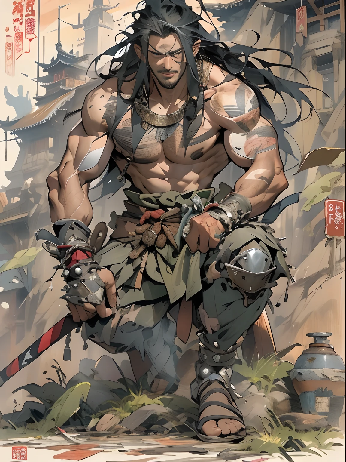 (((mtu))), (((best qualityer))), (((tmasterpiece))), (((AS-Adult))), ((( Japanese ))), Look up from your knees, Handsome Asian samurai，perfect body figure, Modern samurai, ((( Asian))), Wear gloves on your hands，The left arm is made of steel and metal tips，Made of protective devices, The eyes are pulled, (( Appears below the chest )), (( Small dental floss )), Simon Bisley, Almost naked（Simon Bisley）Castle City Wilderness，For high-resolution posters, hair straight, Minimum clothing, armure (Crazy clothes ), Full of tips and rivets, tribal tattoos, (((full bodyesbian))), Straight brunette hair，Colored hair ends