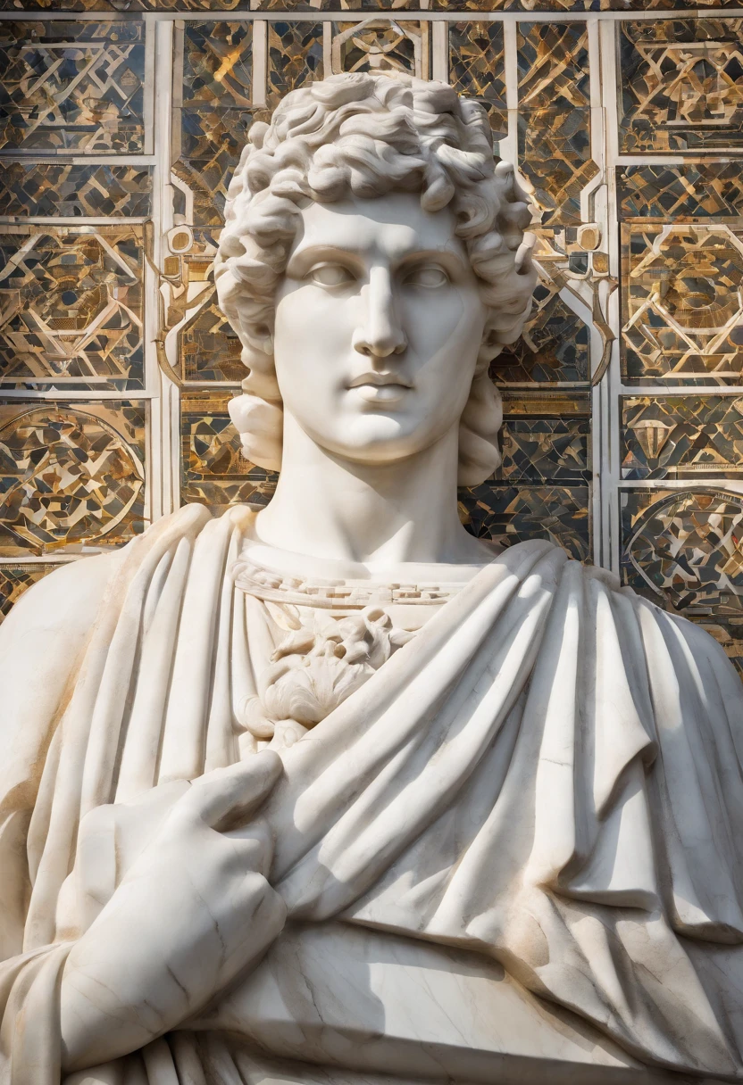 Photo of the face of a white marble statue of a Roman man