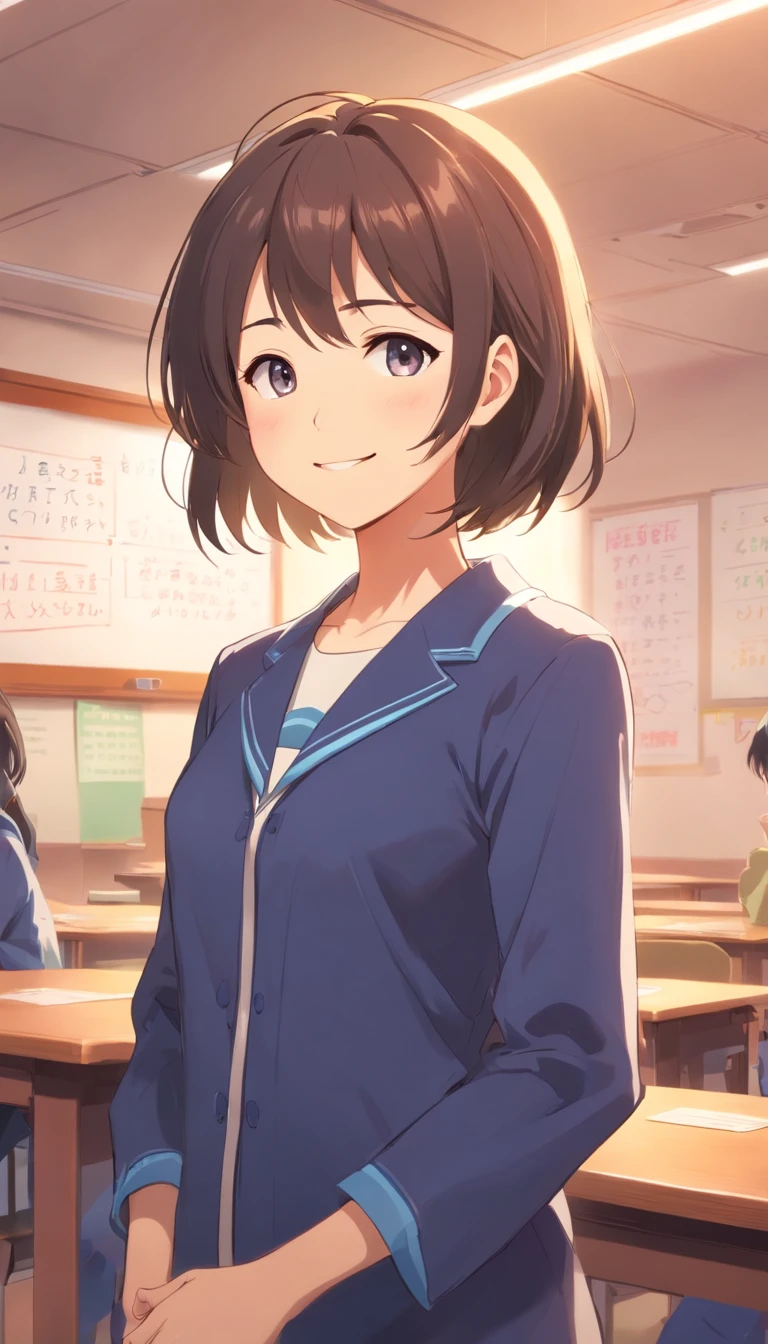 {
"prompt": "Generate an image of a charismatic, young-looking teacher in her early 30s. She stands confidently, welcoming young viewers to her YouTube channel where she imparts first-grade lessons with enthusiasm. The setting is a bright and cheerful classroom filled with colorful educational materials. Her attire is both professional and approachable, embodying the role of a friendly educator. Her friendly smile and engaging demeanor create a warm and inviting atmosphere, ensuring a positive learning experience for children."
}