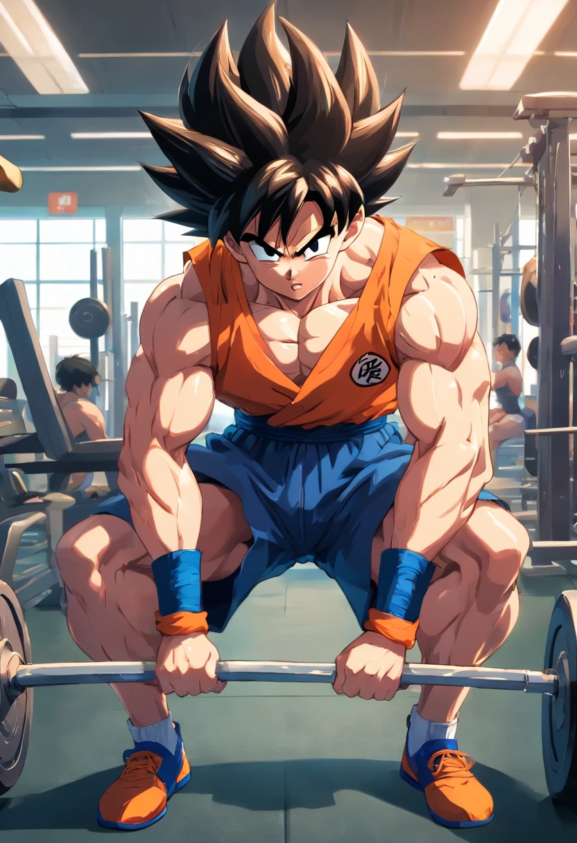 (A detailed drawing of bench press Son Goku intensely in the bodybuilding gym.)