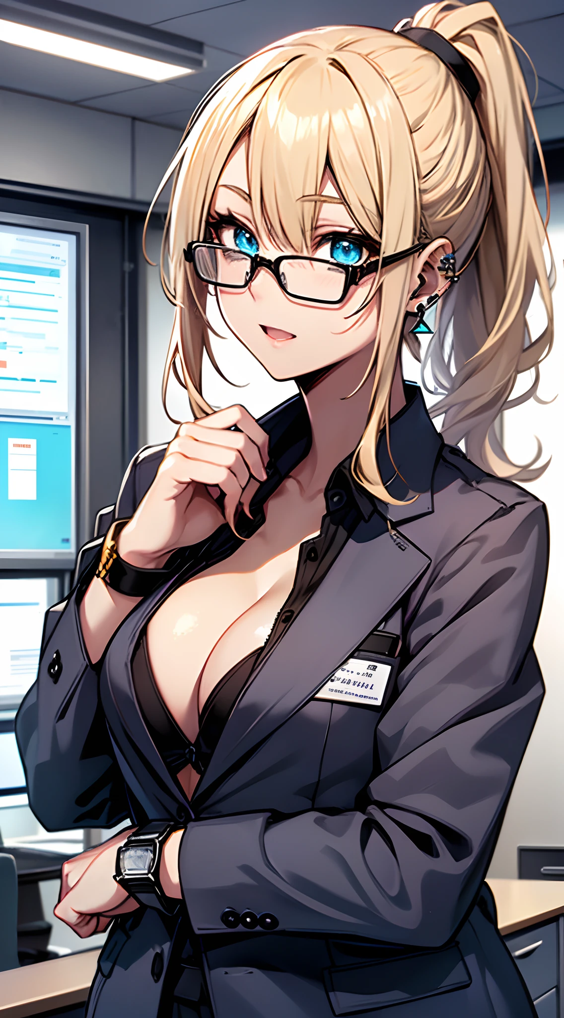top-quality、Top image quality、masterpiece、girl with((18year old、Wearing an office suit:1.4、Bust 85、a blond、disheveled ponytail、Blue eyes、open chest wide、cleavage of the breast、Happiness、Black wristband on wrist、eye glass、Ear-piercing))、A slender、hiquality、visualart、Background with((s Office))、masutepiece
