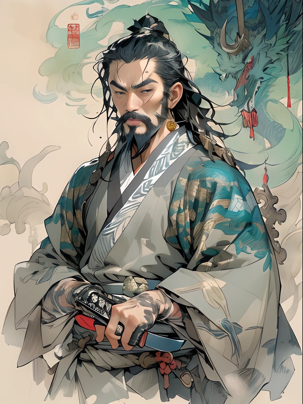 (((China-style,Ink painting method,Half-length portrait,Intense color,Han dynasty, China,Hanfu,Armor,Guan yu,Guan Yunchang,of a guy,Ruddy killing square face,Hold the Blue Dragon Moon Knife in his right hand,Stroke your beard with your left hand,Long hair,petty eyes,Green robe))), (((best qualityer))), (((tmasterpiece))), (((AS-Adult))), ((( Japanese ))), Look up from your knees, Handsome Asian samurai,perfect body figure, Modern samurai, ((( Asian))), Wear gloves on your hands,The left arm is made of steel and metal tips,Made of protective devices, The eyes are pulled, (( Appears below the chest )), (( Small dental floss )), Simon Bisley, Almost naked(Simon Bisley)Castle City Wilderness,For high-resolution posters, hair straight, Minimum clothing, armure (Crazy clothes ), Full of tips and rivets, tribal tattoos, (((full bodyesbian))), Straight brunette hair,Colored hair ends