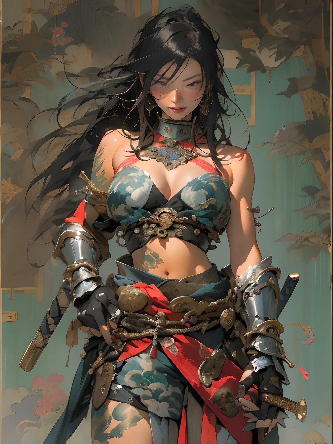 (((woman))), (((best qualityer))), (((tmasterpiece))), (((AS-Adult))), ((( Japanese ))), Look up from your knees, A beautiful asian samurai woman with perfect body, Modern samurai, ((( Asian))), Wear gloves on your hands,The left arm is made of steel and metal tips,Made of protective devices, The eyes are pulled, (( Appears below the breast )), (( Small dental floss )), Simon Bisley, Almost naked(Simon Bisley)Castle City Wilderness,For high-resolution posters, hair straight, Minimum clothing, armure (Crazy clothes ), Full of tips and rivets, tribal tattoos, (((full bodyesbian))), Straight brunette hair,Colored hair ends