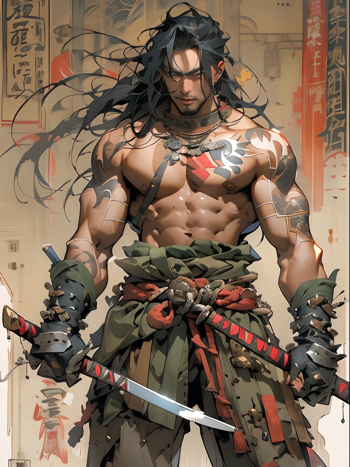 (((mtu))), (((best qualityer))), (((tmasterpiece))), (((AS-Adult))), ((( Japanese ))), Look up from your knees, Handsome Asian samurai,perfect body figure, Modern samurai, ((( Asian))), Wear gloves on your hands,The left arm is made of steel and metal tips,Made of protective devices, The eyes are pulled, (( Appears below the chest )), (( Small dental floss )), Simon Bisley, Almost naked(Simon Bisley)Castle City Wilderness,For high-resolution posters, hair straight, Minimum clothing, armure (Crazy clothes ), Full of tips and rivets, tribal tattoos, (((full bodyesbian))), Straight brunette hair,Colored hair ends