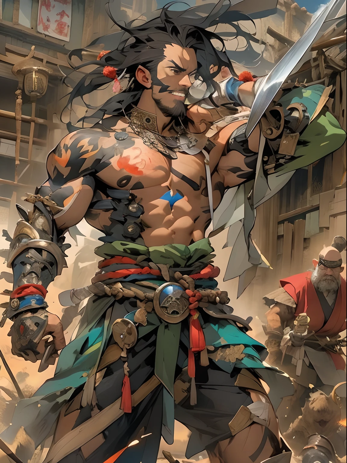(((mtu))), (((best qualityer))), (((tmasterpiece))), (((AS-Adult))), ((( Japanese ))), Look up from your knees, Handsome Asian samurai,perfect body figure, Modern samurai, ((( Asian))), Wear gloves on your hands,The left arm is made of steel and metal tips,Made of protective devices, The eyes are pulled, (( Appears below the chest )), (( Small dental floss )), Simon Bisley, Almost naked(Simon Bisley)Castle City Wilderness,For high-resolution posters, hair straight, Minimum clothing, armure (Crazy clothes ), Full of tips and rivets, tribal tattoos, (((full bodyesbian))), Straight brunette hair,Colored hair ends