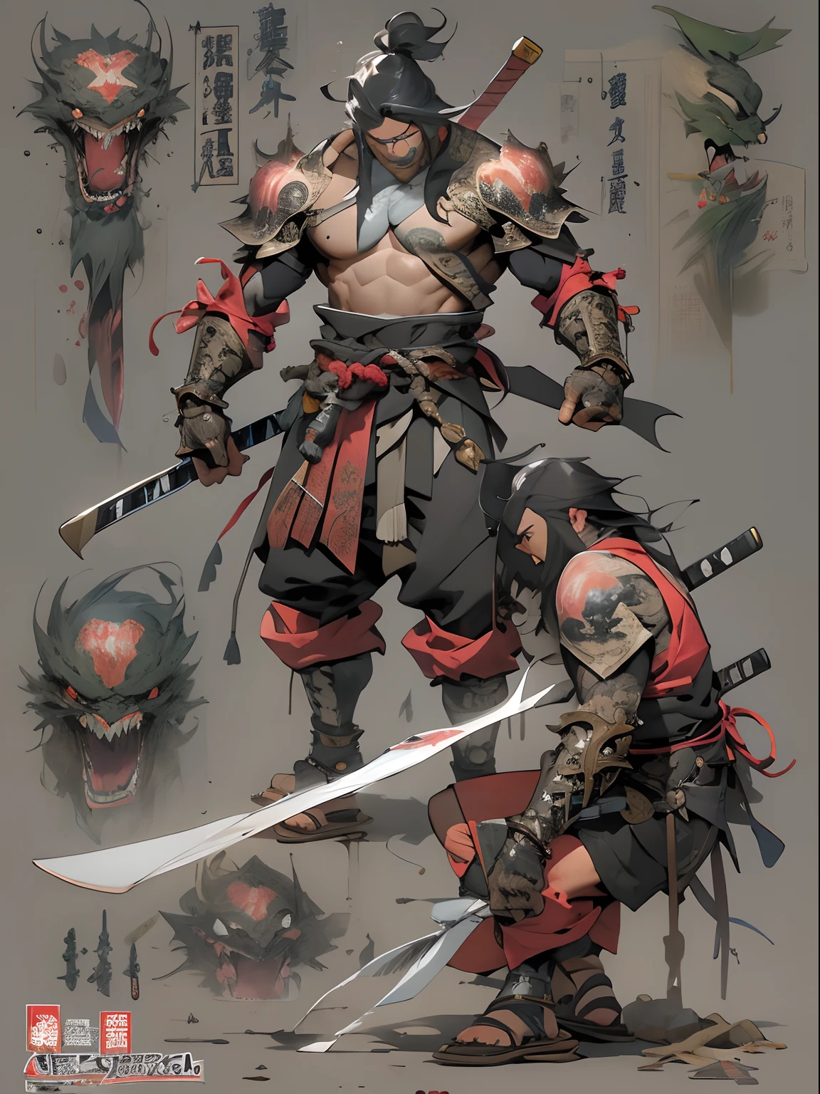 (((mtu))), (((best qualityer))), (((tmasterpiece))), (((AS-Adult))), ((( Japanese ))), Look up from your knees, Handsome Asian samurai,perfect body figure, Modern samurai, ((( Asian))), Wear gloves on your hands,The left arm is made of steel and metal tips,Made of protective devices, The eyes are pulled, (( Appears below the chest )), (( Small dental floss )), Simon Bisley, Almost naked(Simon Bisley)Castle City Wilderness,For high-resolution posters, hair straight, Minimum clothing, armure (Crazy clothes ), Full of tips and rivets, tribal tattoos, (((full bodyesbian))), Straight brunette hair,Colored hair ends