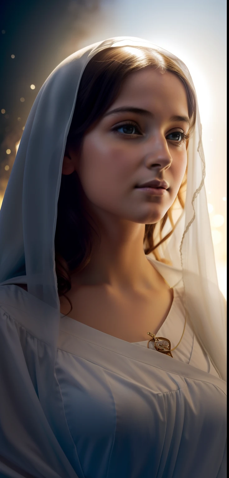 (((Blessed Virgin Mary of Mount Carmel))) Luminoso, en estilo similar al del artista WILLIAM ADOLPHE BOUGUEREAU, obra maestra, (La mejor calidad: 1.2), (super fine: 1.2), illustration, (extremadamente delicado y hermoso: 1.2), movie angle, flotante, (Hermoso ojo de detalle: 1.1), (detalle luz: 1.1), Movie Lights, Cielo delicado, ojos azules, (Cola de caballo alta: 1.1), capa, ojuelos, cielo estrellado, (light particles: 1.1) dibujo, flor. (obra maestra), (La mejor calidad), (fotorrealista:1.3), 8k, Textura detallada de la piel, Textura detallada de la tela, hermosa cara detallada, Detalles intrincados, ultra detallado (cuerpo de cuerpo entero:1.2)