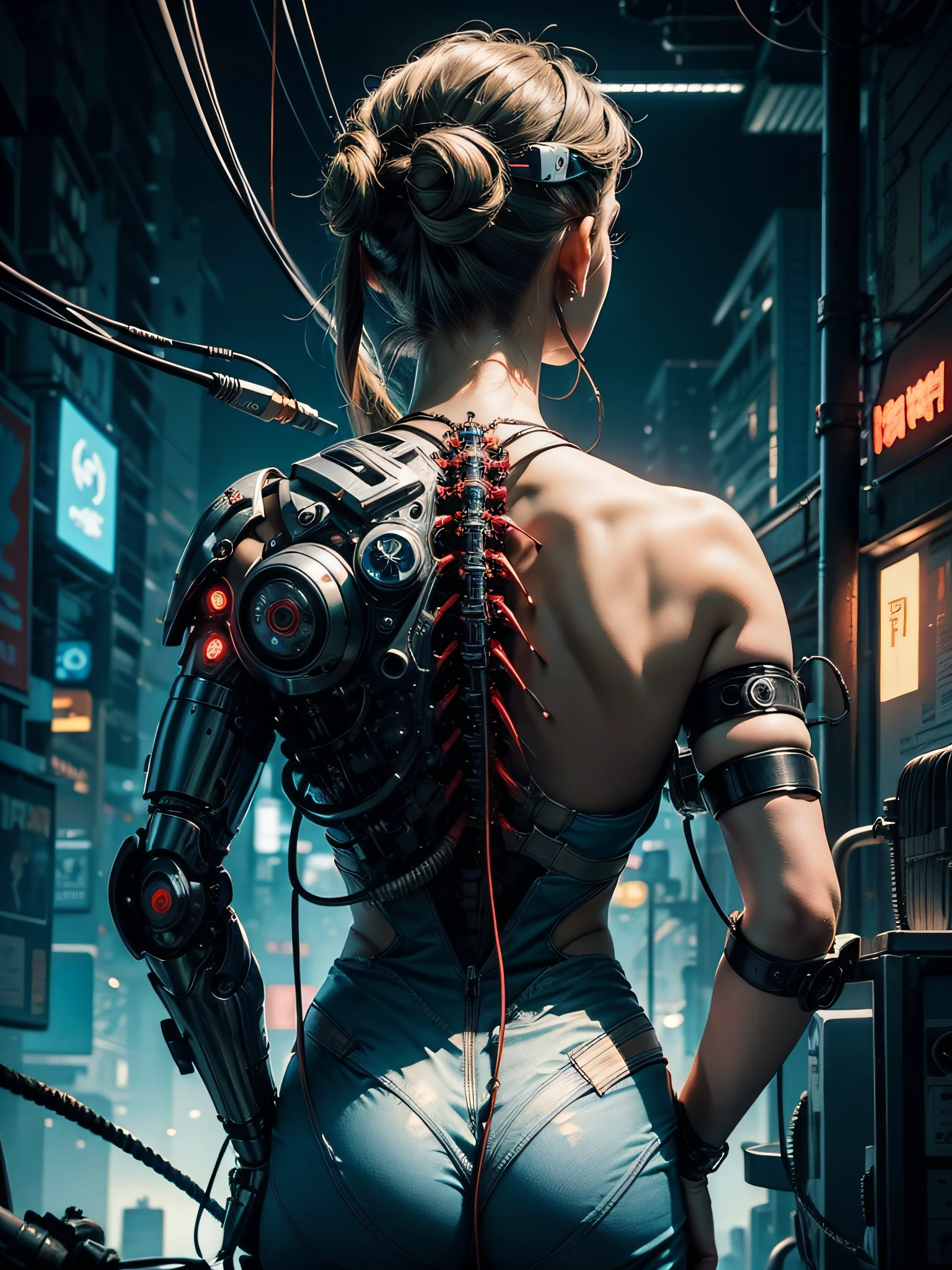 ((1 cybernetic girl)) (mechanical made limbs s:1.2),((mechanical limbs)),(blood vessels connected to tubes),(mechanical vertebra attaching to back),((mechanical cervical attaching to neck)),expressionless,(wires and cables attaching to neck:1.2),(wires and cables on head:1.2),(character focus), (((masterpiece))), (((best quality))), ((ultra-detailed)), (highly detailed CG illustration), ((an extremely delicate and beautiful)),cinematic ,science fiction,extreme detailed,colorful,highest detailed, loongs,fengs, cyberpunk city background.