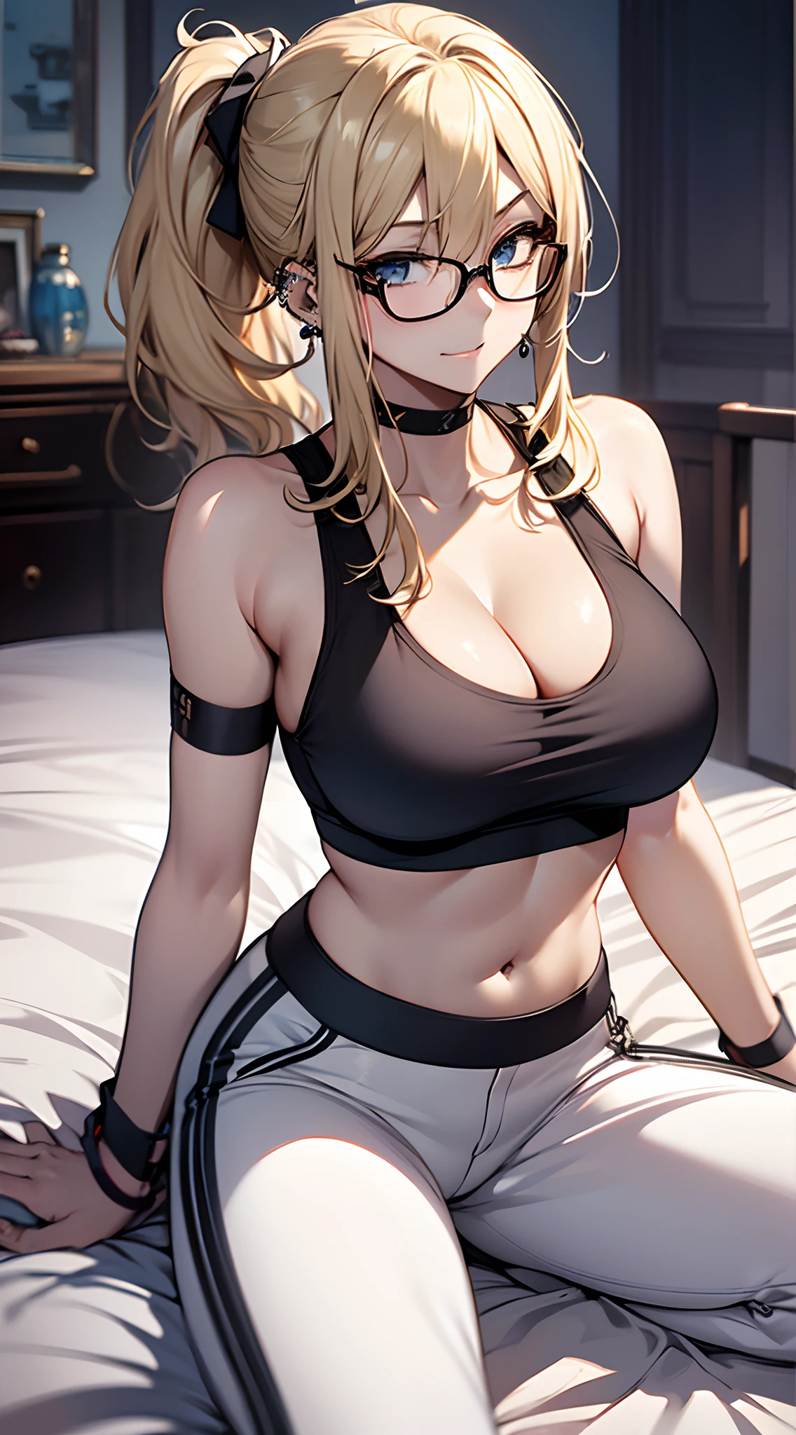 top-quality、Top image quality、masterpiece、girl with((18year old、Sportsbra:1.6、Lace pants:1.4、Bust 85、a blond、disheveled ponytail、Blue eyes、open chest wide、cleavage of the breast、Happiness、Black wristband on wrist、eye glass、Ear-piercing))、A slender、hiquality、visualart、Background with((a bed))、masutepiece