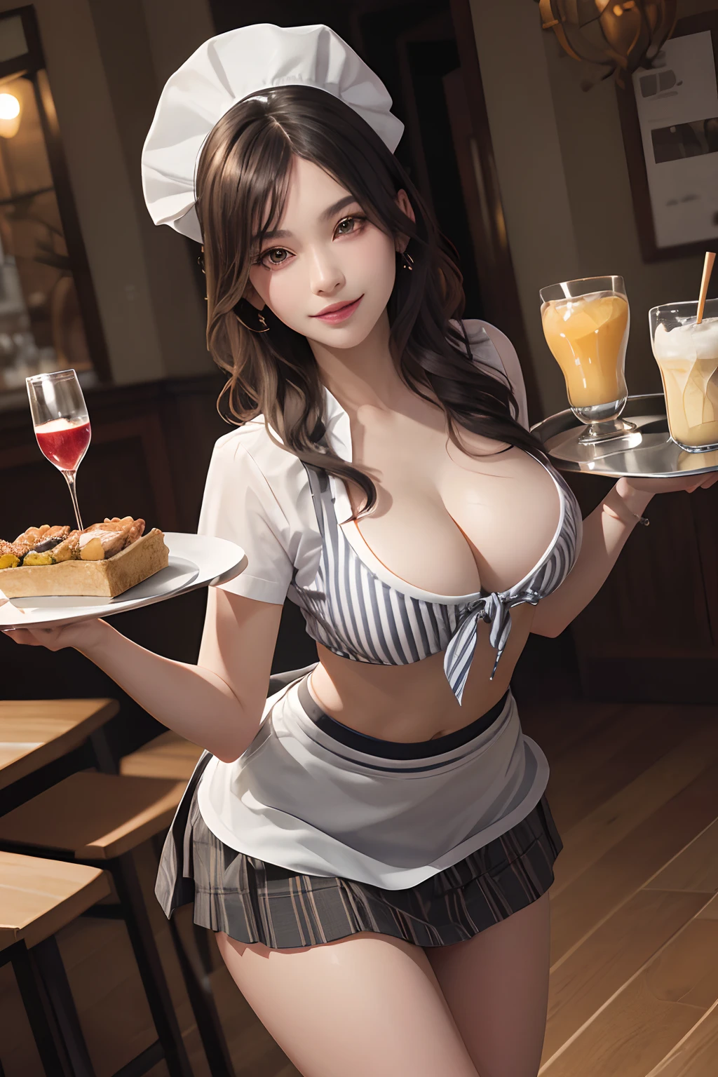 (masterpiece, best quality, highly detailed, ultra detailed, high resolution, absurdres, 4K, 8K:1.2), (official art, incredibly fine illustration, extremely detailed CG, detailed background, professional lighting, dynamic angle, perfect hands, detailed shiny skin, detailed hair, detailed eyes), 1girl, large breasts, narrow waist, long legs, thin legs, skirt, shirt, striped, crop top, striped skirt, apron, sexy waitress, miniskirt, front-tie top, vertical stripes, tray, parfait, seductive smile, leaning forward, partially visible nipple