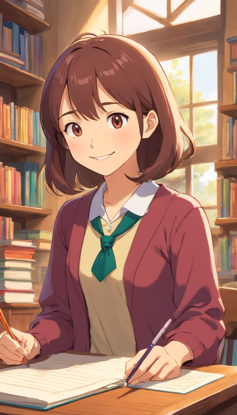{
"prompt": "Generate an image of a charismatic, young-looking teacher in her early 30s. She stands confidently, welcoming young viewers to her YouTube channel where she imparts first-grade lessons with enthusiasm. The setting is a bright and cheerful classroom filled with colorful educational materials. Her attire is both professional and approachable, embodying the role of a friendly educator. Her friendly smile and engaging demeanor create a warm and inviting atmosphere, ensuring a positive learning experience for children."
}