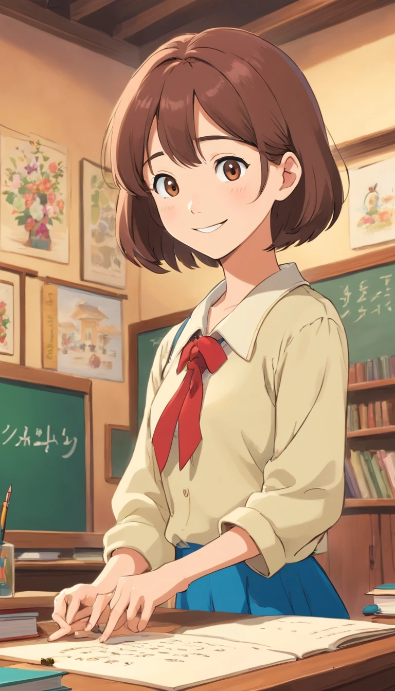 {
"prompt": "Generate an image of a charismatic, young-looking teacher in her early 30s. She stands confidently, welcoming young viewers to her YouTube channel where she imparts first-grade lessons with enthusiasm. The setting is a bright and cheerful classroom filled with colorful educational materials. Her attire is both professional and approachable, embodying the role of a friendly educator. Her friendly smile and engaging demeanor create a warm and inviting atmosphere, ensuring a positive learning experience for children."
}