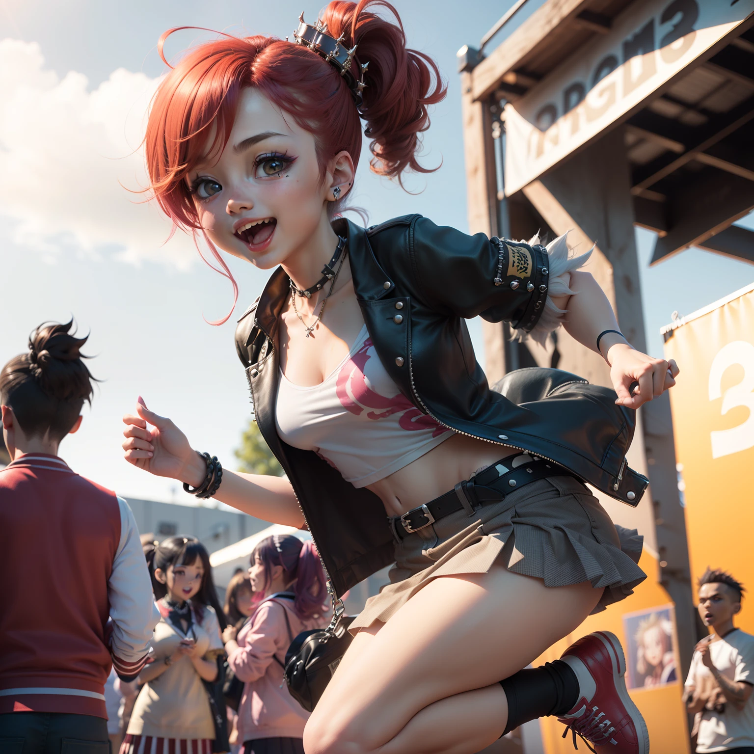 Cute Baby Chibi Anime,(((chibi 3d))) (Best Quality) (Master Price)、(masutepiece:1.3), (punk fashion:1.5), (punk hair:1.2), (Lots of accessories:1.2), Kimono with geometric pattern, Looking at Viewer, 1girl in, Smile, ultra-realism, Photographic, Sunshine, Realistic lighting, (the school festival at the high school:1.5) (tchibi:1.7) 、jumping