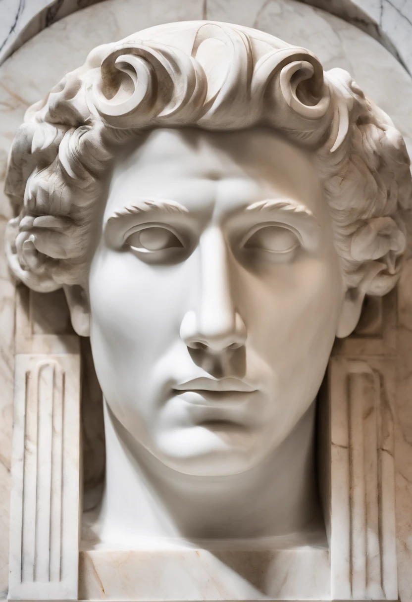 Photo of the face of a white marble statue with its face turned away of a Roman man
