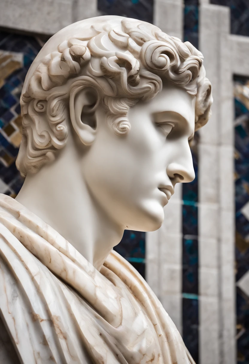 Photo of the face of a white marble statue with its face turned away of a Roman man