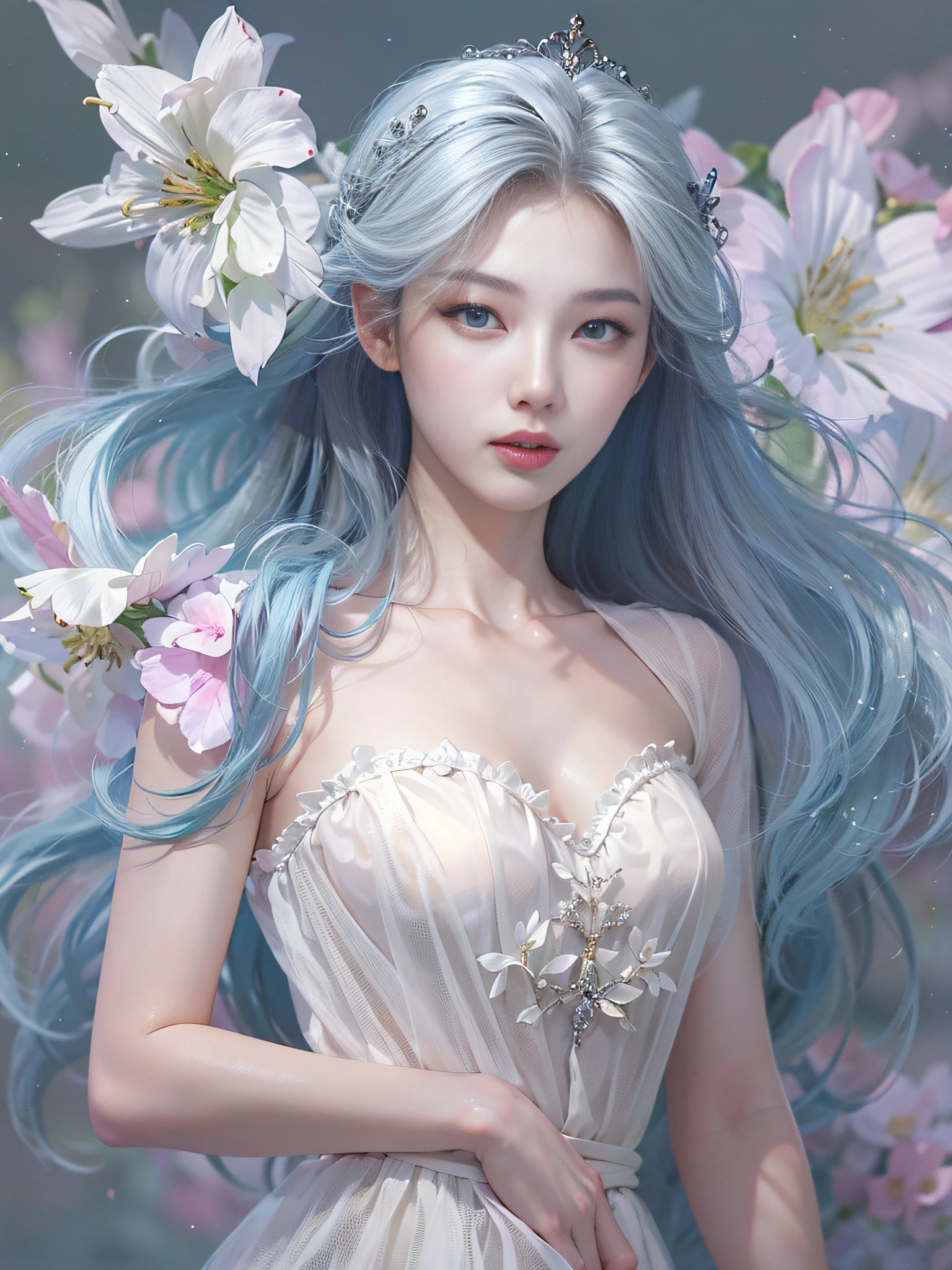 full body, Realistic beautiful woman, Light Hair,Beautiful with a large white flower tiara...,  Detailed Eyes, Blue Eyes, side view, A hyper-realistic, anatomical, graceful, Dynamic, highly detaild,  silky, facing the viewer, The body is symmetrically placed and balanced., A stunningly beautiful teenage girl, detailed hairstyle,, intrikate,((Top  Quality, 8K, ​masterpiece :1.3)), 1woman, A beautiful woman who emphasizes slender abs: 1.3, (casual hairstyle, large full breasts: 1.2), Casual wear: 1.2,  Ultra detail face, Delicate pupils, Double eyelidd, soft breasts, Sorrisos,perfect body proportions, Valley exposure,Full portrait of 18-year-old Korean female face, Luna : has a striking and ethereal appearance. She has long, flowing silver hair that shimmers like the moonlight, which is often styled in loose waves. Her eyes are a mesmerizing shade of silver, reflecting her connection to the moon. Luna has a lean, graceful physique and often wears a celestial-themed outfit that features hues of silver, white, and blue, resembling a starlit night sky.