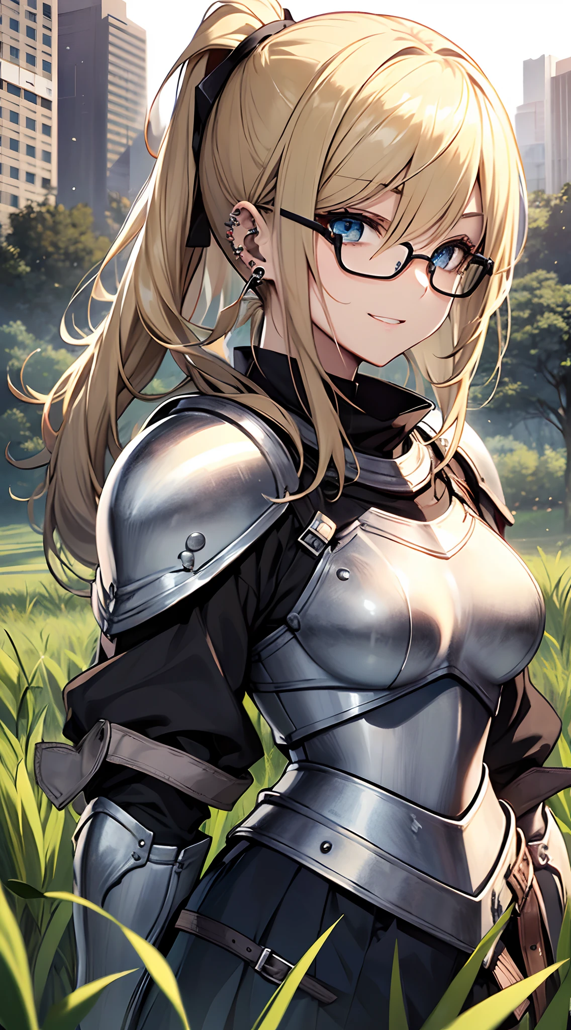 top-quality、Top image quality、masterpiece、girl with((18year old、Knight Armor:1.6、Held up a sword:1.5、Bust 85、a blond、disheveled ponytail、Blue eyes、open chest wide、Happiness、Black wristband on wrist、eye glass、Ear-piercing))、A slender、hiquality、visualart、Background with((grass field))、masutepiece