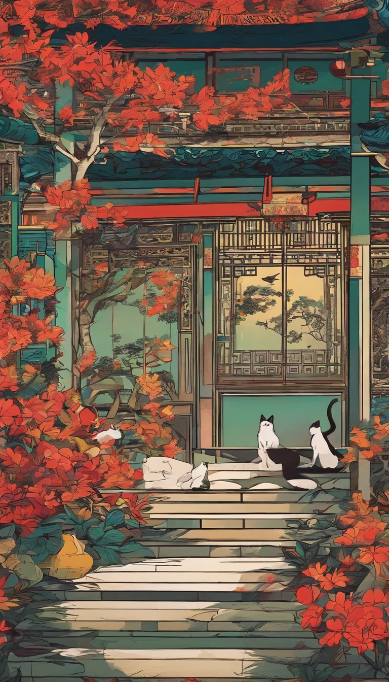 The beauty of China in the Song Dynasty,In front of her was a table,There is a cat under the table。There was a stack of books on the table,pen, ink and paper,Computer:1.2,high-class,big window,lots of plants,There is a moon at night