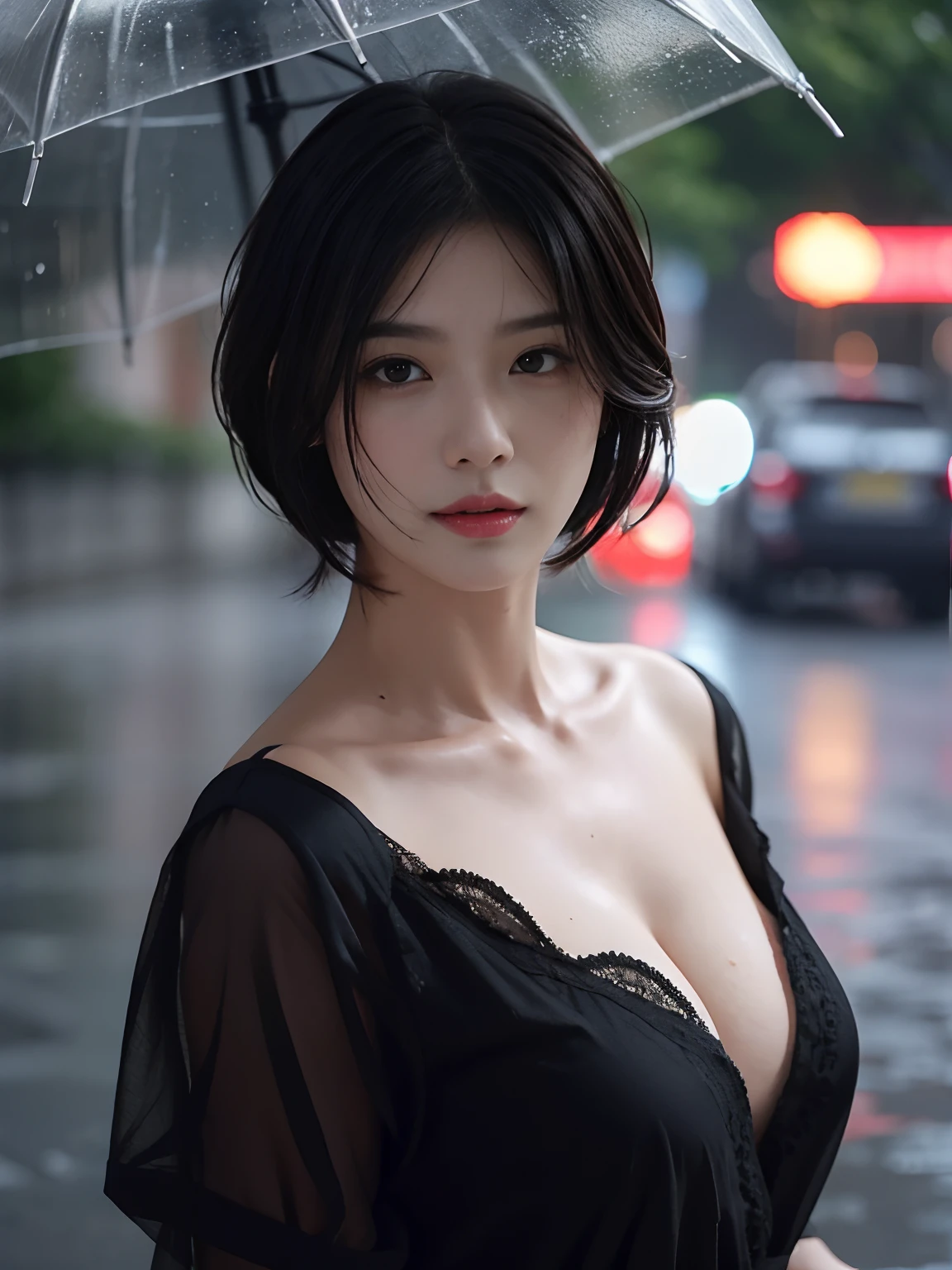 best qualtiy, tmasterpiece, 超高分辨率, (realisticlying:1.5), RAW photogr, 1girll, bshoulders, in the rain, deep shading, low tune, cold light, Sexy look, short detailed hair,Fine face,
