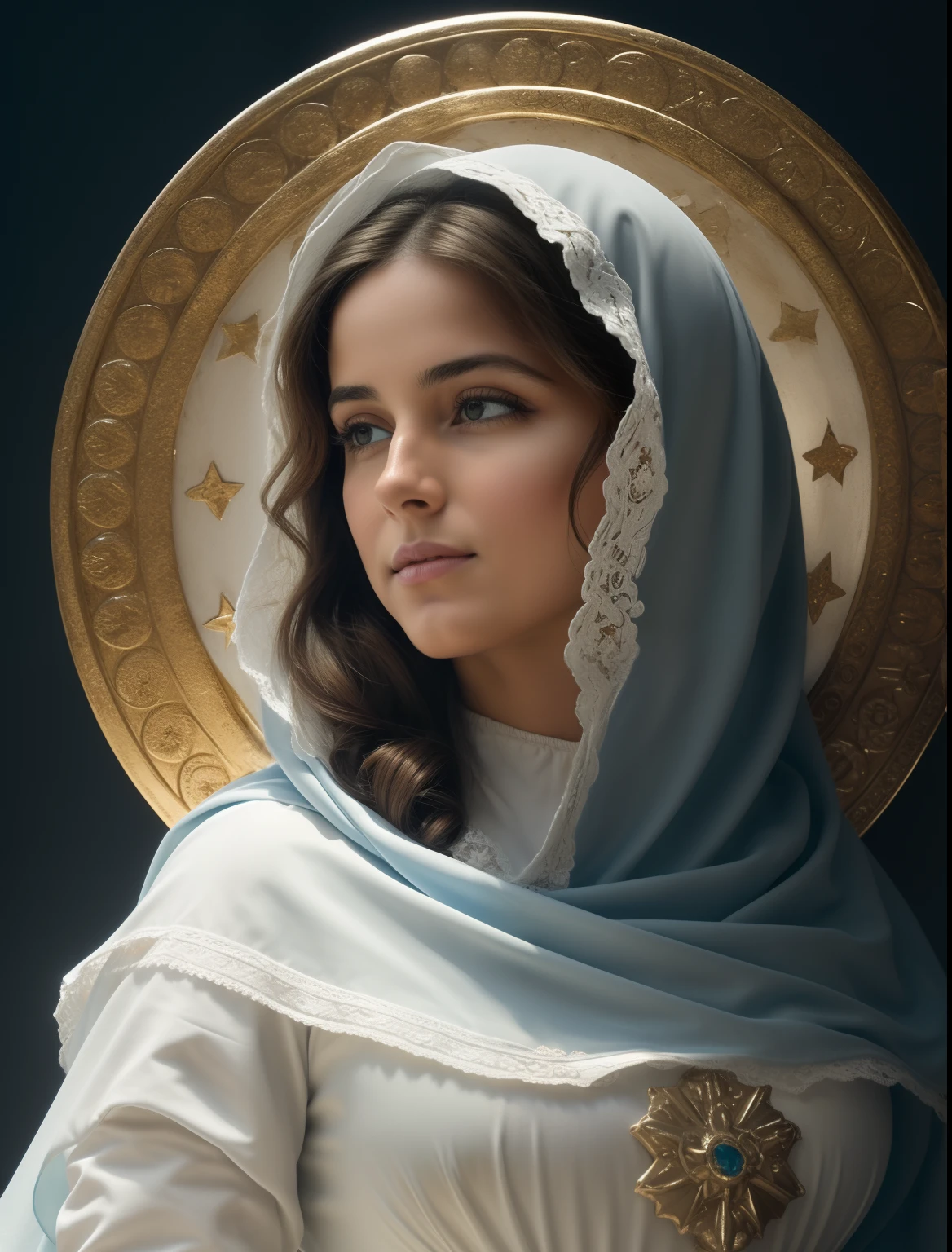 (((Blessed Virgin Mary of Mount Carmel))) Luminoso, en estilo similar al del artista WILLIAM ADOLPHE BOUGUEREAU, obra maestra, (La mejor calidad: 1.2), (super fine: 1.2), illustration, (extremadamente delicado y hermoso: 1.2), movie angle, flotante, (Hermoso ojo de detalle: 1.1), (detalle luz: 1.1), Movie Lights, Cielo delicado, ojos azules, (Cola de caballo alta: 1.1), capa, ojuelos, cielo estrellado, (light particles: 1.1) dibujo, flor. (obra maestra), (La mejor calidad), (fotorrealista:1.3), 8k, Textura detallada de la piel, Textura detallada de la tela, hermosa cara detallada, Detalles intrincados, ultra detallado (cuerpo de cuerpo entero:1.2)