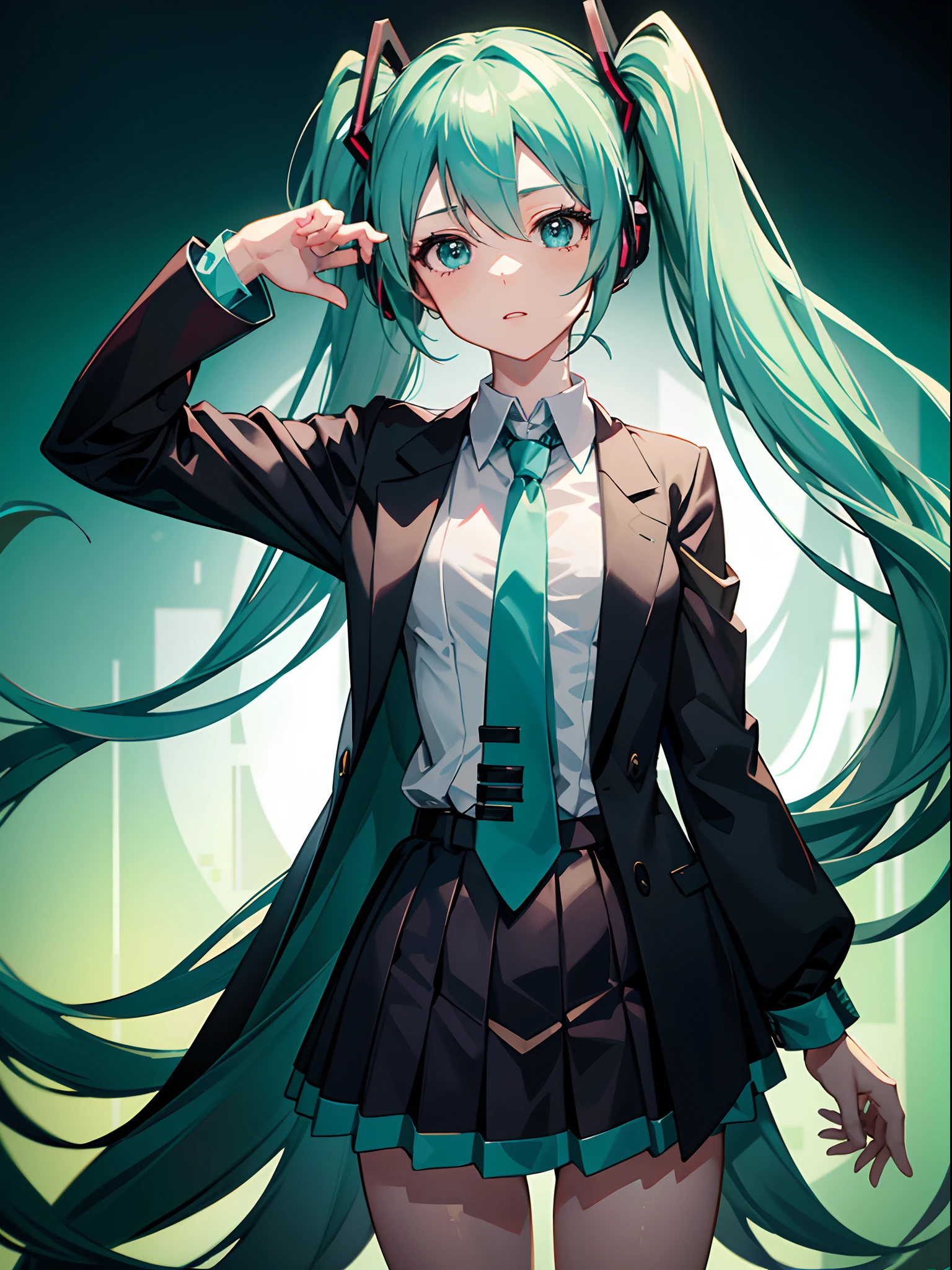 Hatsune Miku style character close-up,Long hair shawl,Tie a tie,Accompany a friend,Mikudayo Style,Epic animation CGI shot in 8K HD,Portrait of Hatsune Miku,Action Pack,Hatsune Miku's face at a glance,twin tail hair style,4K anime style,Hatsune Miku Cosplay。
