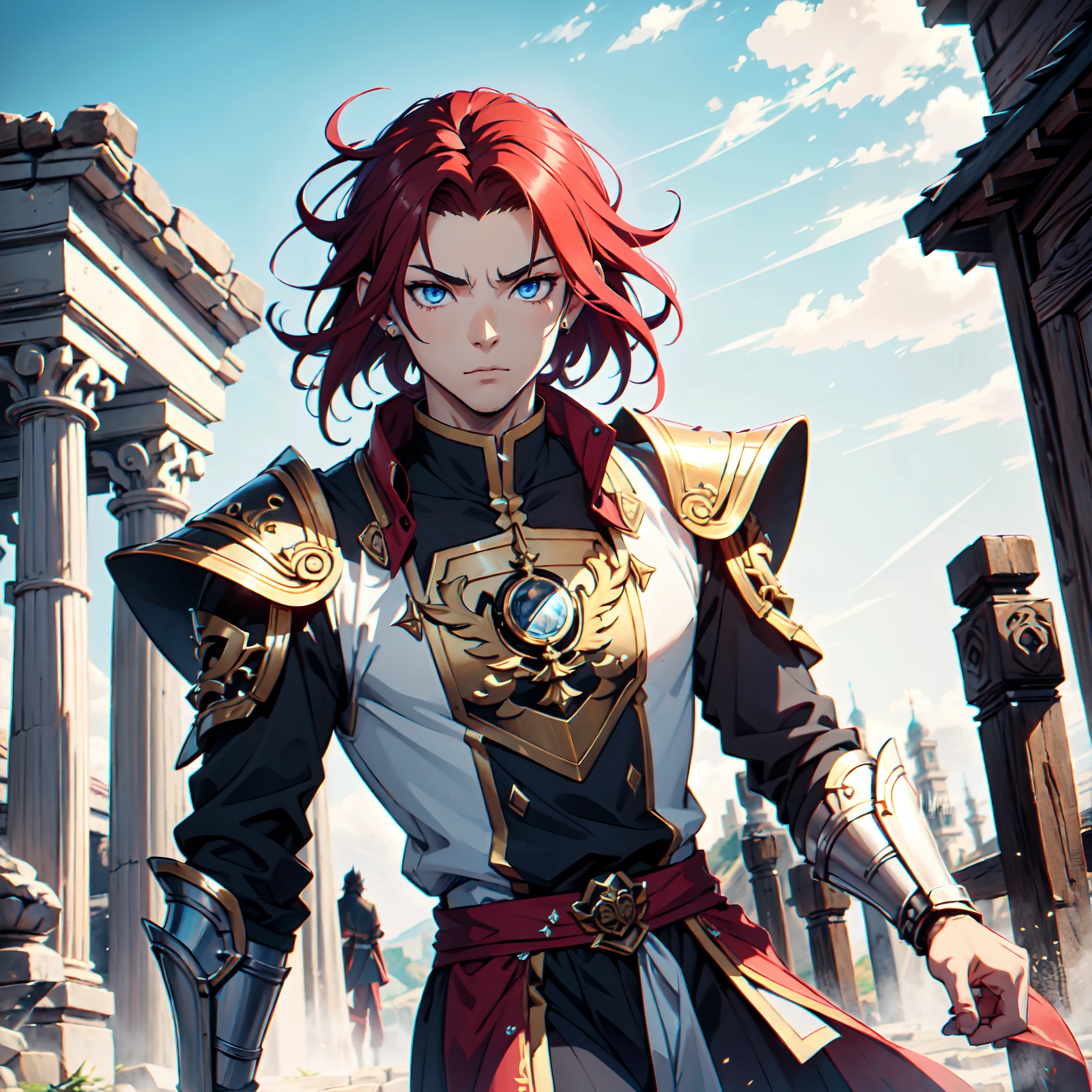 Ultra High Definition, Ultra High Quality, Extremely Detailed, Perfectly Detailed, Masterpiece, 8k, 1 Boy, Look A Like Xin From Kingdom Anime, Handsome, Equipped With Royal Knight Armor, Solid Light Blue Eyes, Long Red Hair, Body Shot, Ancient Kingdom Background