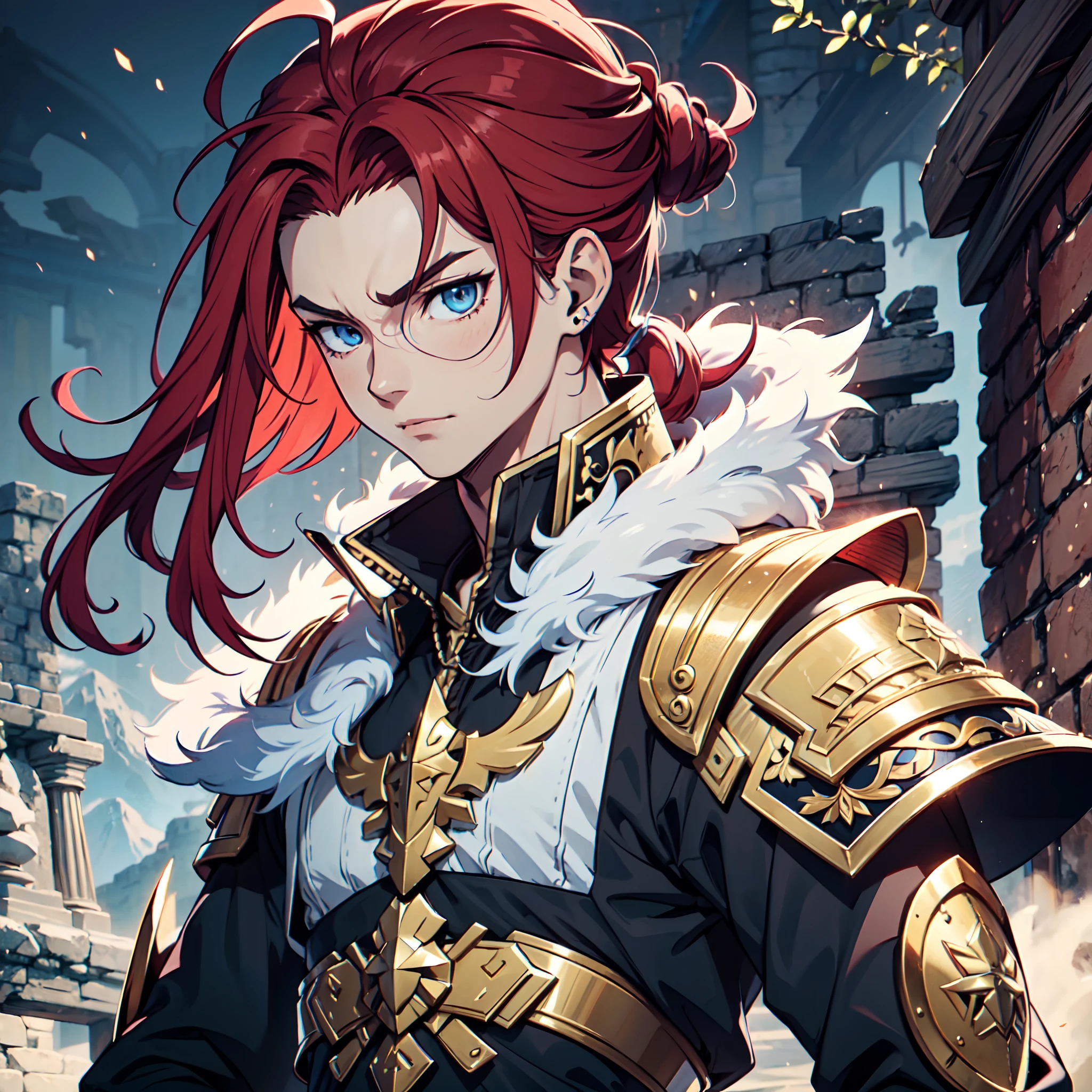 Ultra High Definition, Ultra High Quality, Extremely Detailed, Perfectly Detailed, Masterpiece, 8k, 1 Boy, Look A Like Xin From Kingdom Anime, Handsome, Equipped With Royal Knight Armor, Solid Light Blue Eyes, Long Red Hair, Body Shot, Ancient Kingdom Background