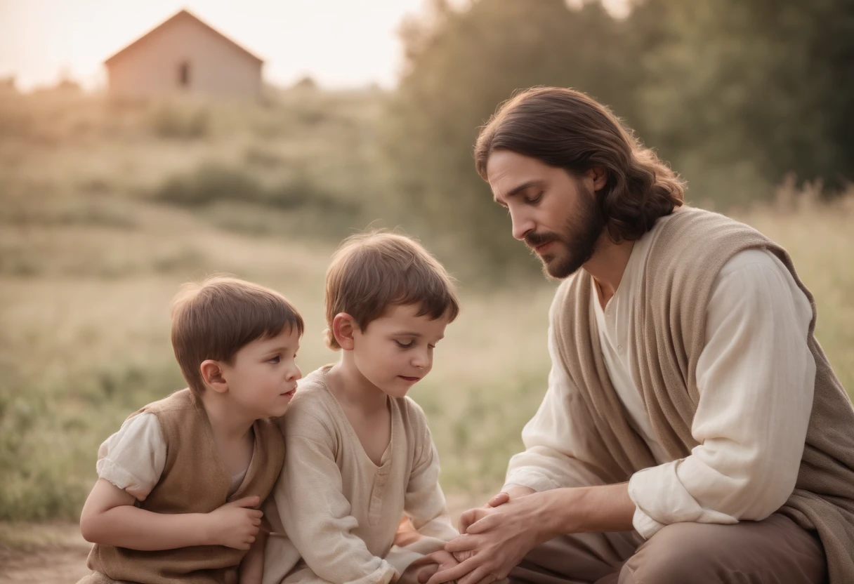 A compassionate Jesus, dressed in modern clothing, kneels in front of a grieving man and , his gentle smile and comforting hand on the boy's shoulder.