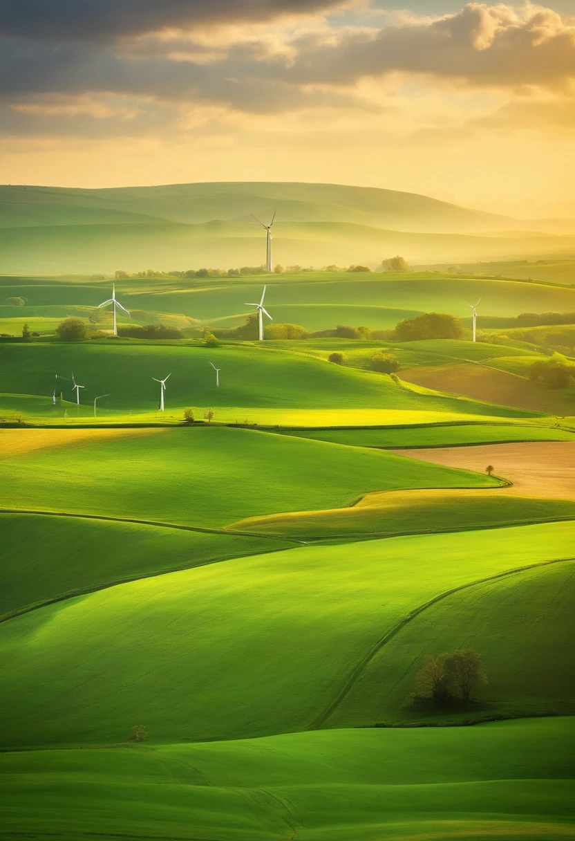 Green fields with windmills, floating little ground isles in the sky