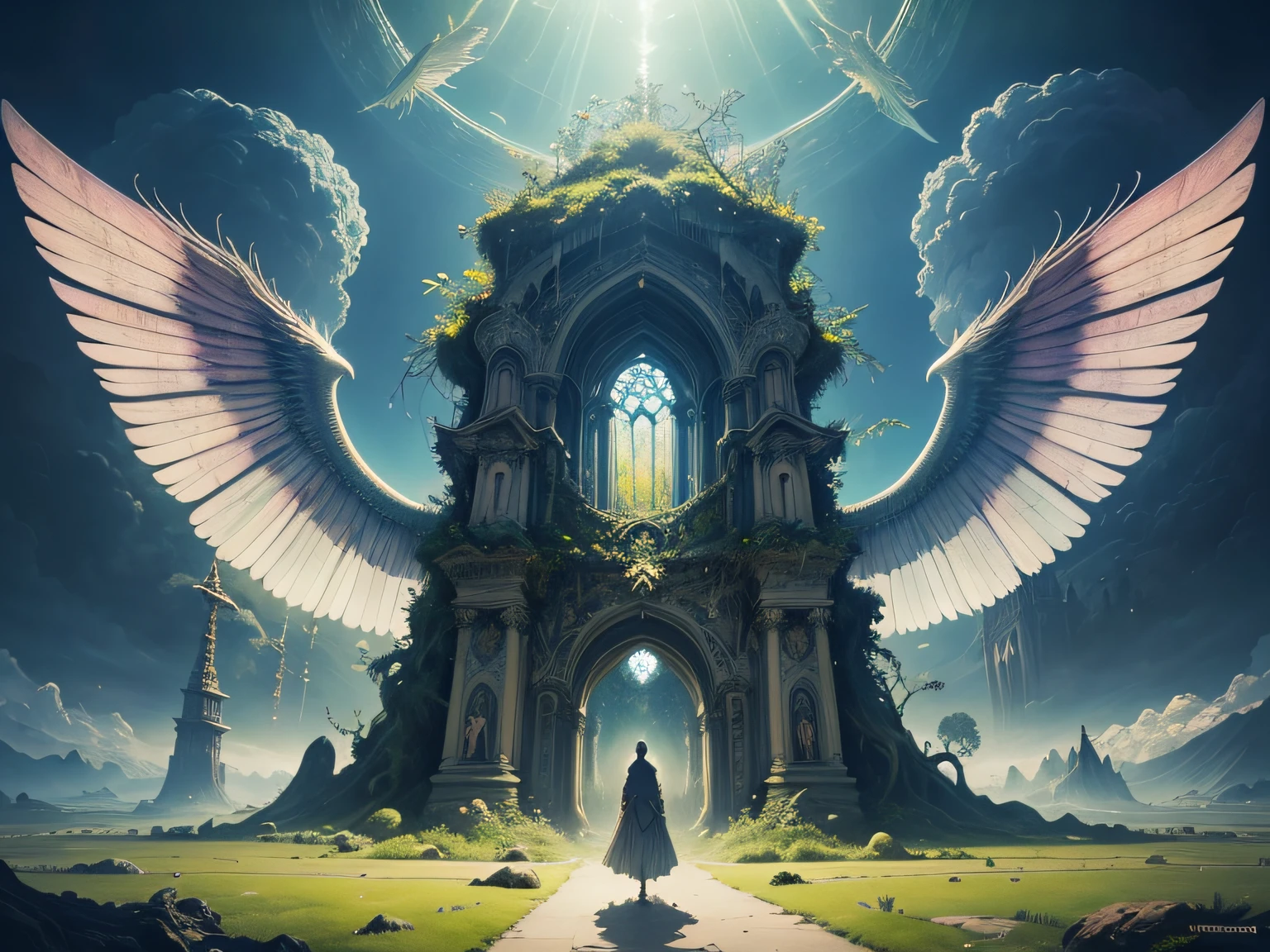 (a surreal, dreamlike, and vibrant landscape of heaven, inspired by the works of Hieronymus Bosch, Pablo Picasso, Caravaggio, Ernst Haeckel, Tim Burton, Masahiro Ito, and Jean Baptiste Monge),(best quality, highres, masterpiece:1.2), (photorealistic, realistic:1.37), colorful, vibrant hues,[epic clouds],[ethereal atmosphere],[luminous celestial beings], [lush foliage], [heavenly creatures], [glowing halo], [majestic wings], [magical light beams], [detailed brush strokes], [fantastical elements], [intricate architecture], [mystical symbols], [divine ambience], [fleeting serenity], [timeless beauty], [otherworldly presence], (landscape, fine art, surrealism, fantasy)