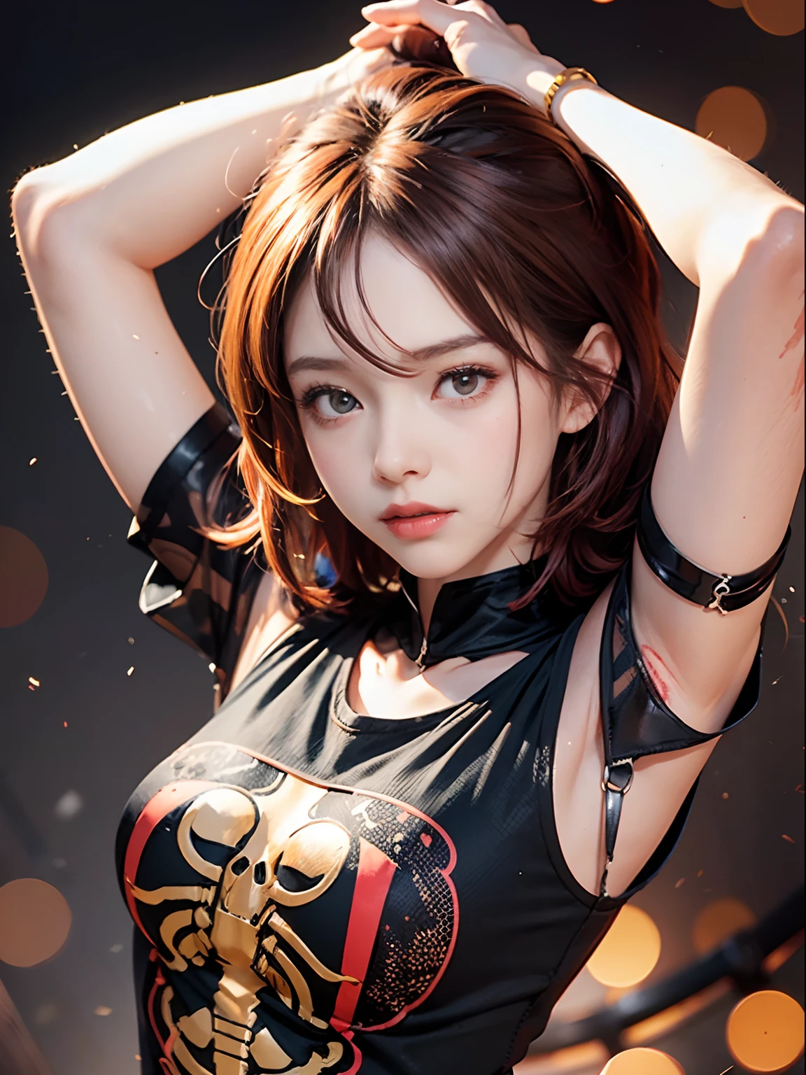 1girl in(((Facial expressions are randomly generated)))、Reaching the climax:1.3, short-cut、masutepiece、Bottoms are randomly generated、( Skeleton illustration printed shirt )、red and dense hair、Red GI Cut、Background bokeh:1.5