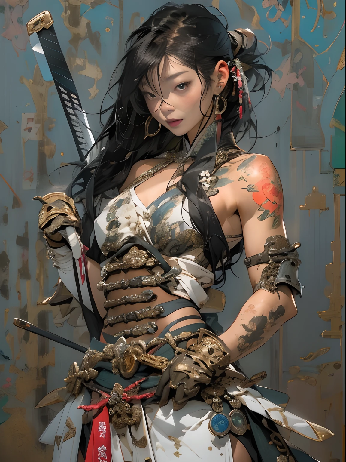 (((woman))), (((best qualityer))), (((tmasterpiece))), (((AS-Adult))), ((( Japanese ))), Look up from your knees, A beautiful asian samurai woman with perfect body, Modern samurai, ((( Asian))), Wear gloves on your hands，The left arm is made of steel and metal tips，Made of protective devices, The eyes are pulled, (( Appears below the breast )), (( Small dental floss )), Simon Bisley, Almost naked（Simon Bisley）Castle City Wilderness，For high-resolution posters, hair straight, Minimum clothing, armure (Crazy clothes ), Full of tips and rivets, tribal tattoos, (((full bodyesbian))), Straight brunette hair，Colored hair ends