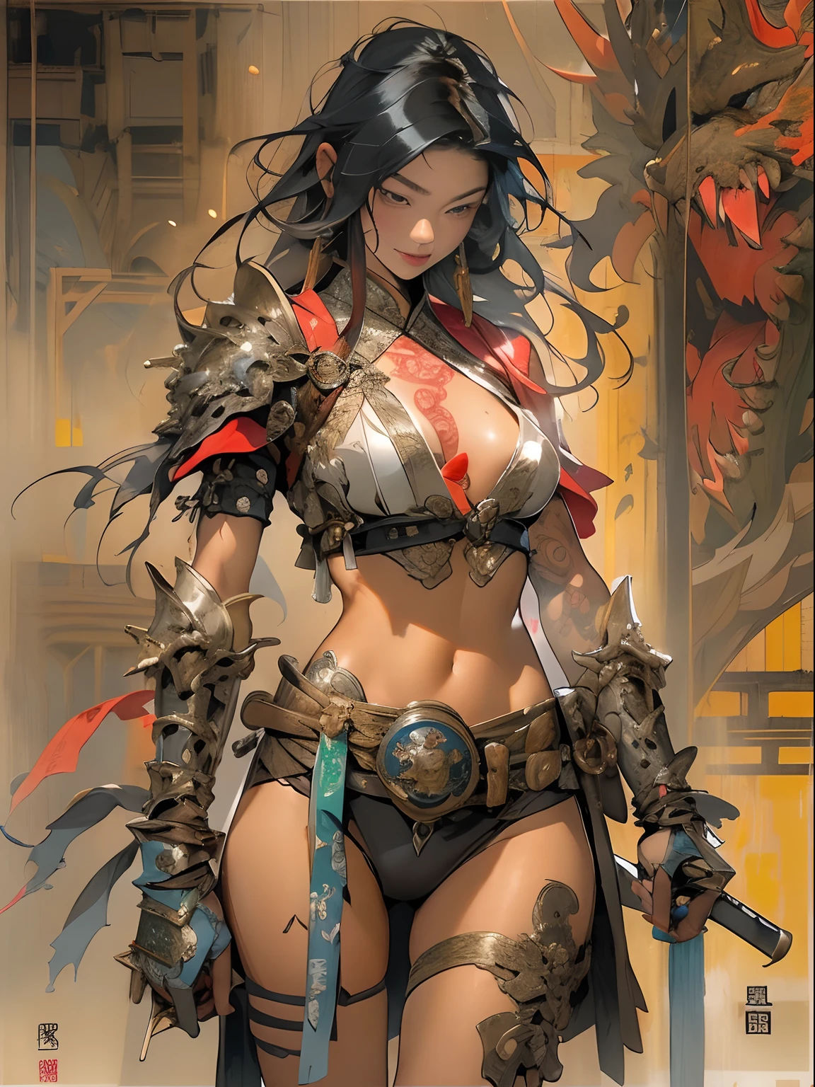 (((woman))), (((best qualityer))), (((tmasterpiece))), (((AS-Adult))), ((( Japanese ))), Look up from your knees, A beautiful asian samurai woman with perfect body, Modern samurai, ((( Asian))), Wear gloves on your hands,The left arm is made of steel and metal tips,Made of protective devices, The eyes are pulled, (( Appears below the breast )), (( Small dental floss )), Simon Bisley, Almost naked(Simon Bisley)Castle City Wilderness,For high-resolution posters, hair straight, Minimum clothing, armure (Crazy clothes ), Full of tips and rivets, tribal tattoos, (((full bodyesbian))), Straight brunette hair,Colored hair ends