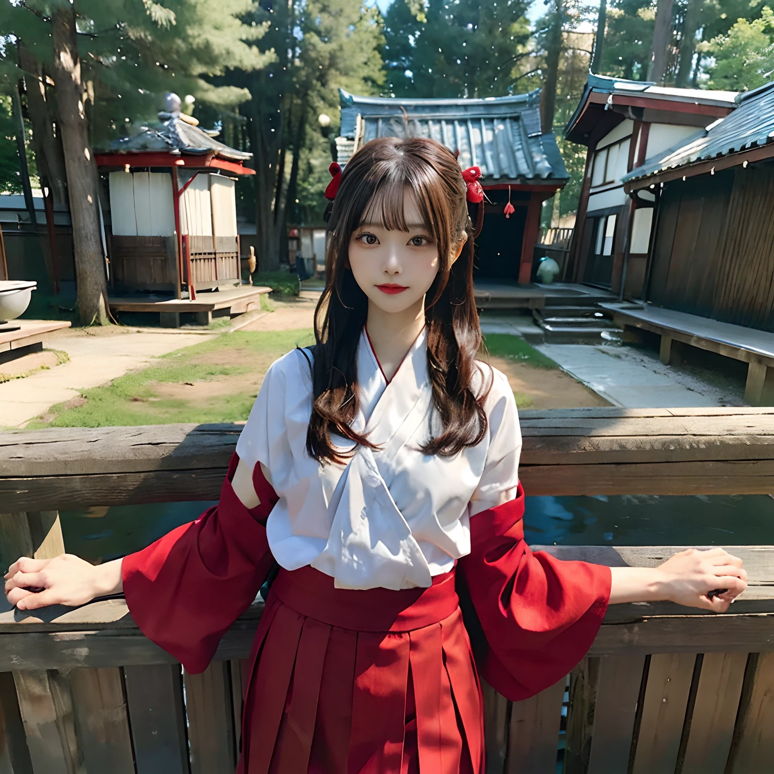 masutepiece, Best Quality, hight resolution, Awakoto, Long hair, Ahoge, shrine maiden, komono, Hakama, Red skirt, Outdoors, Standing, Cowboy Shot, Arms at sides, Looking at Viewer,