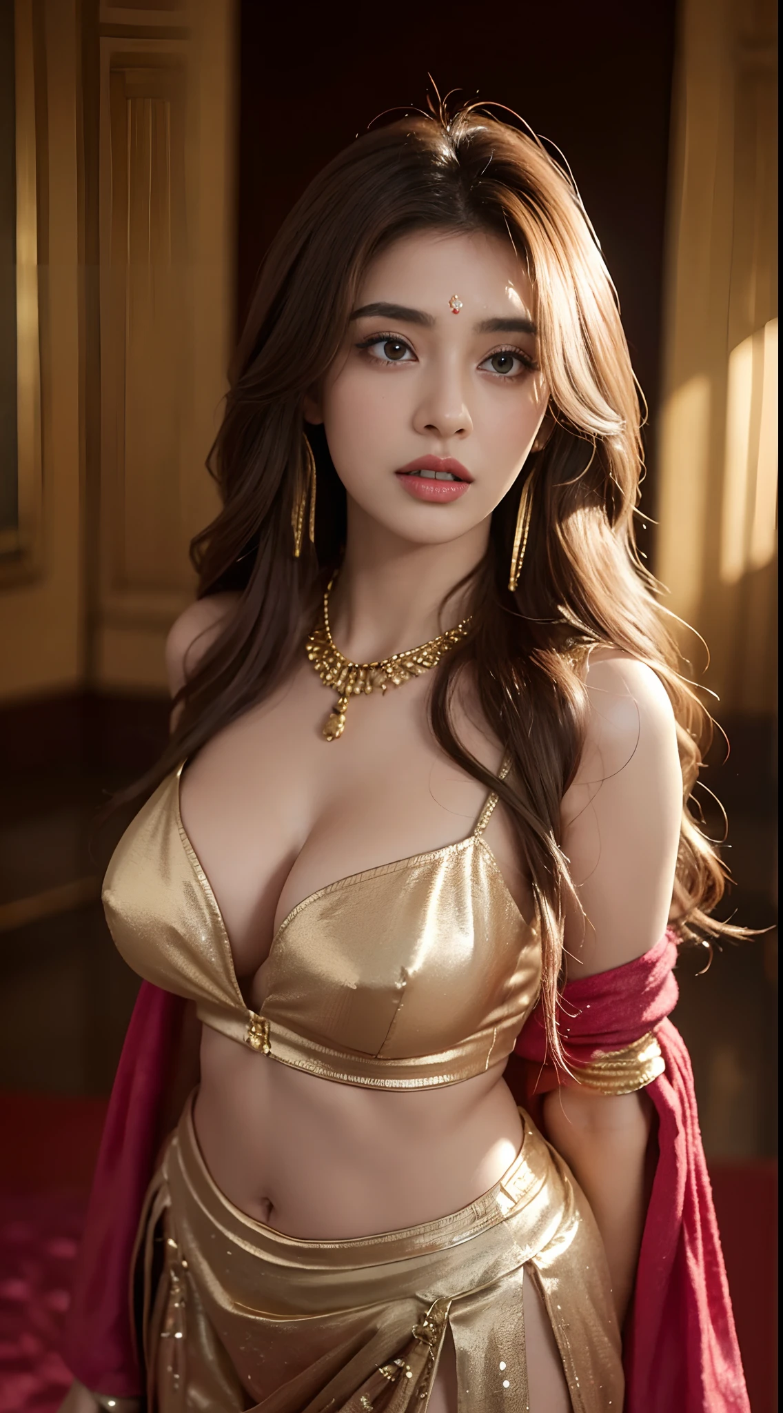 masterpiece,top-quality,higher rank,(female pervert_femele:1),(nudde:1.3), (35-year-old Indian woman:1.3),、large full breasts,(Very big breasts),Colossal tits,a navel,hyper realstic、Inside a glittering Indian palace、deadpan,、Indian Female Dancers、Delicate skin texture with detail、Detailed dark pink areola、detailed red 、Detailed blue eyes、((Muchimuchi body shape))、(Very big big)、Middle-aged woman、(Fluffy wavy light blonde long hair)、dark brown skin、(Redhead pubic hair)、Very big big、Large cleavage、Fancy Dancer、Fancy Gold Accessories、Gold Ear Nipple Ring、Gold necklace、Gold Bracelet、Gold Anklet、Large open neckline、