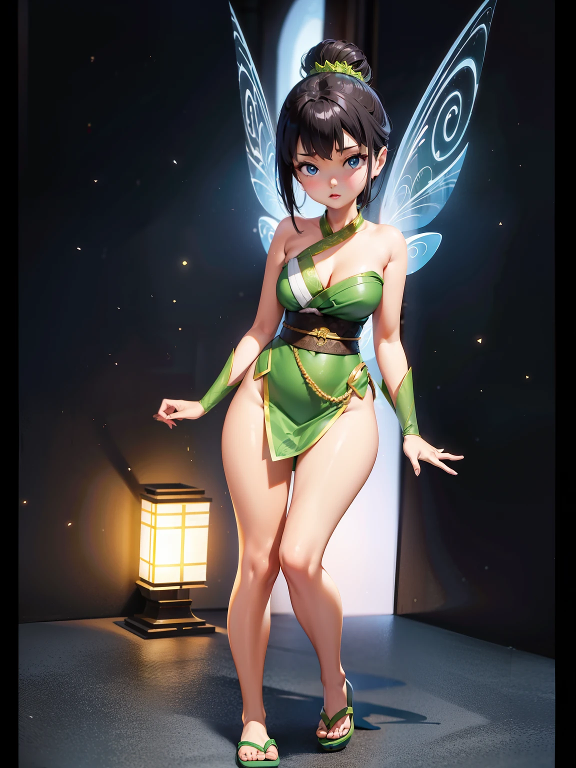 A dark-haired、1Japanese woman、Bery short hair、Tinker Bell Costume、Full body like、