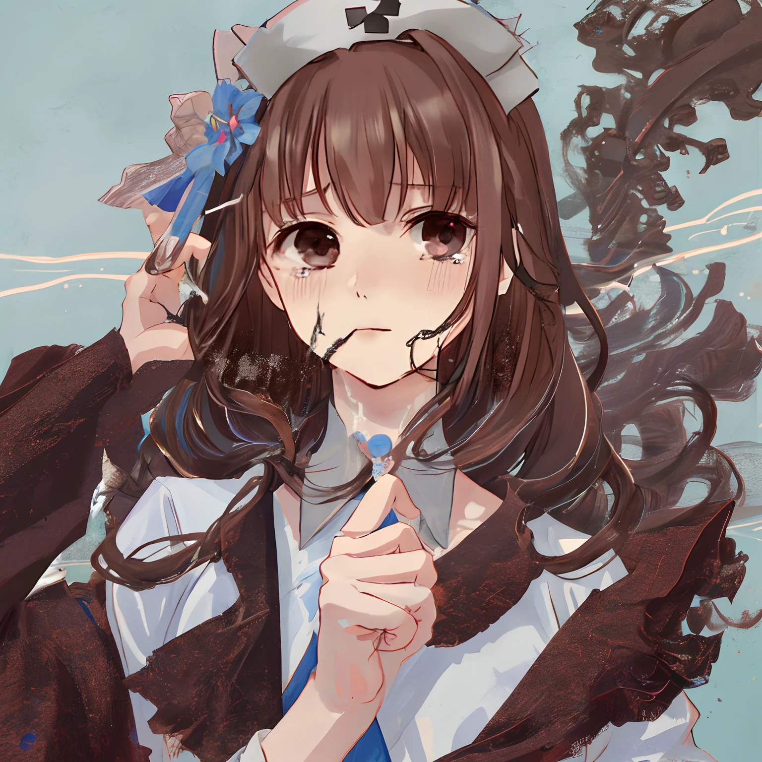 facing front、Pose to wipe away tears、Detailed hand、detailed finger、ru、Crying Pose、Hair color is ash brown、Hair length to shoulders、Hair is lightly rolled inward.、Background that looks like it was painted with light blue paint、Nurse's lab coat with collar