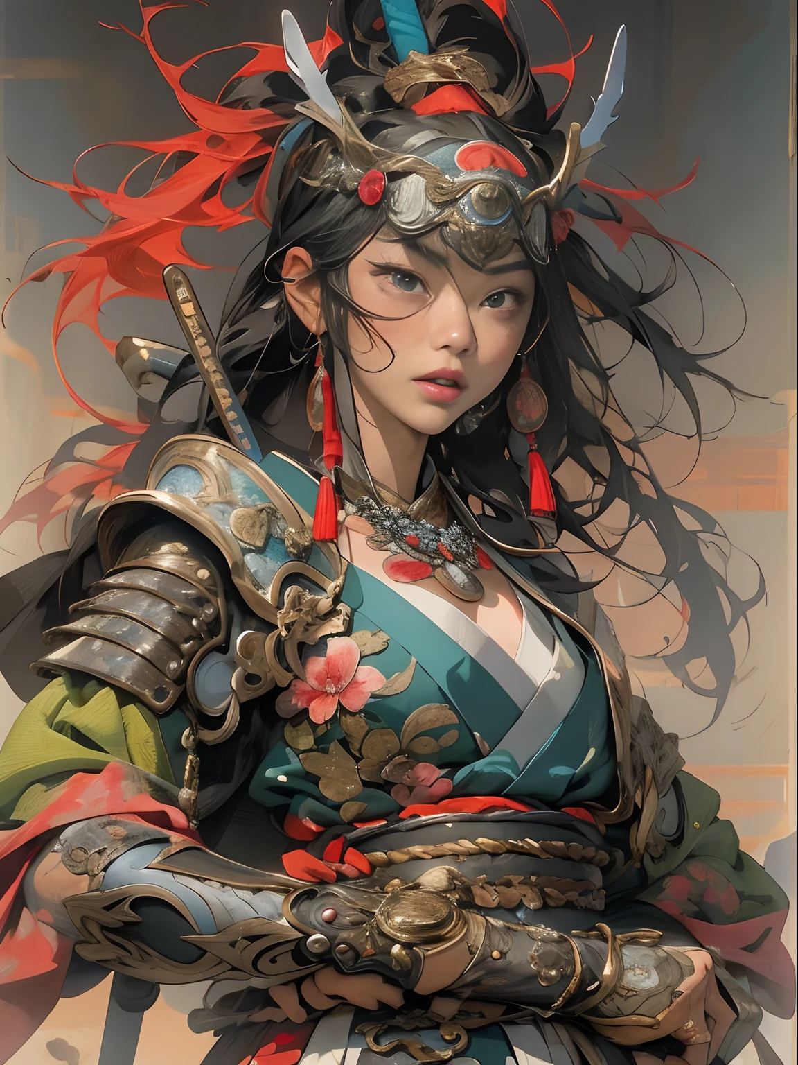 (((woman))), (((best qualityer))), (((tmasterpiece))), (((AS-Adult))), ((( Japanese ))), Look up from your knees, A beautiful asian samurai woman with perfect body, Modern samurai, ((( Asian))), Wear gloves on your hands,The left arm is made of steel and metal tips,Made of protective devices, The eyes are pulled, (( Appears below the breast )), (( Small dental floss )), Simon Bisley, Almost naked(Simon Bisley)Castle City Wilderness,For high-resolution posters, hair straight, Minimum clothing, armure (Crazy clothes ), Full of tips and rivets, tribal tattoos, (((full bodyesbian))), Straight brunette hair,Colored hair ends