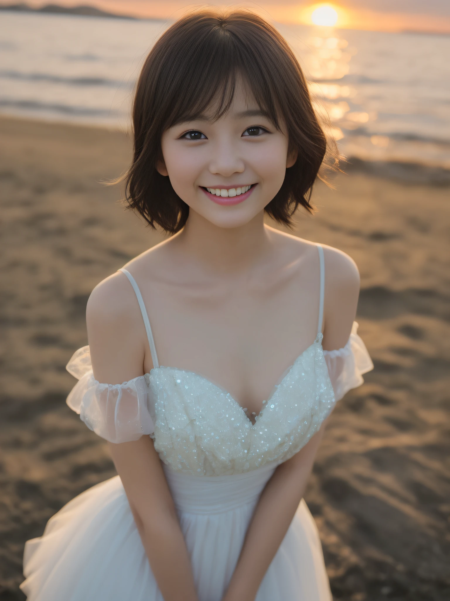 Only one girl、((perfect bodies)))、(​masterpiece)、((top-quality))、(ultra-detailliert)、((extremely delicate and beautiful))、(((incredibly absurdness)))、((perfect bodies)))、((A dark-haired＋short-cut＋Okappa))、((Looking at the camera))、{{{maternal}}}、small tits、Happy smile、Camisole、mare+Background with、dynamic ungle、female focus on、{Particles of light}、In-depth background、((paul hedley)))、Soft lighting、Evening glow、Brilliant sunset、Happy smile、Live action、realisitic、Angle from above、cute smile face、the background is blurred.12year old、being thin、Beautiful teeth
