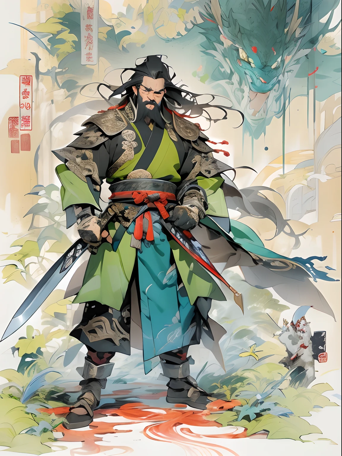 (((China-style，Ink painting method，Half-length portrait，Intense color，Han dynasty, China，Hanfu，Armor，Guan yu，Guan Yunchang，of a guy，Ruddy killing square face，Hold the Blue Dragon Moon Knife in his right hand，Stroke your beard with your left hand，Long hair，petty eyes，Green robe))), (((best qualityer))), (((tmasterpiece))), (((AS-Adult))), ((( Japanese ))), Look up from your knees, Handsome Asian samurai，perfect body figure, Modern samurai, ((( Asian))), Wear gloves on your hands，The left arm is made of steel and metal tips，Made of protective devices, The eyes are pulled, (( Appears below the chest )), (( Small dental floss )), Simon Bisley, Almost naked（Simon Bisley）Castle City Wilderness，For high-resolution posters, hair straight, Minimum clothing, armure (Crazy clothes ), Full of tips and rivets, tribal tattoos, (((full bodyesbian))), Straight brunette hair，Colored hair ends