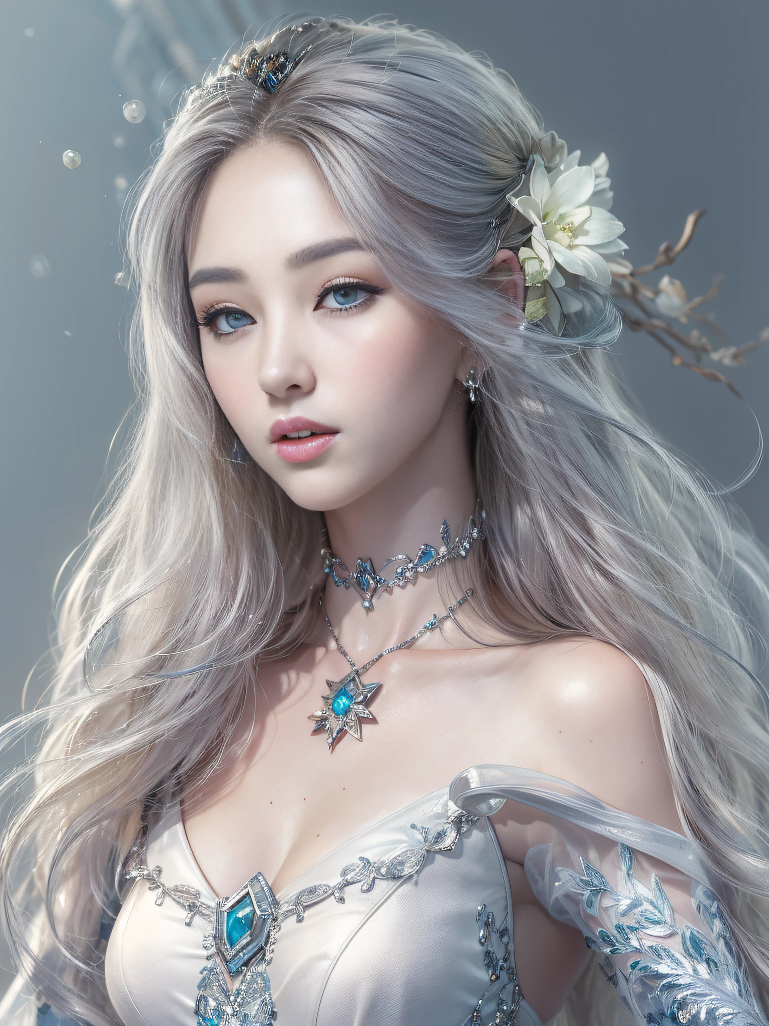 s whole body, Realistic beautiful woman, Light Hair,Beautiful with a large white flower tiara...., Detailed Eyes, Blue Eyes, side view, A hyper-realistic, anatomical, graceful, Dynamic, highly detaild, silky, facing the viewer, The body is symmetrically placed and balanced., A stunningly beautiful age girl, detailed hairstyle,, intrikate,((Top Quality, 8K, masterpiece :1.3)), 1woman, A beautiful woman who emphasizes slender abs: 1.3, (casual hairstyle, large full breasts: 1.2), Casual wear: 1.2, Ultra detail face, Delicate pupils, Double eyelidd, soft breasts, Sorrisos,perfect body proportions, Valley exposure,Full portrait of 18-year-old Korean female face, the moon : It has a striking and subtle appearance.. She has long, Flowing silvery hair glistening like moonlight, It is often styled in loose waves. Her eyes are seductive silvery shades, Reflecting on the relationship with the moon. Luna has a skinny body, They often wear celestial-themed outfits characterized by their graceful physique and silver color, white, ᆞ blue, It resembles a starry night sky..