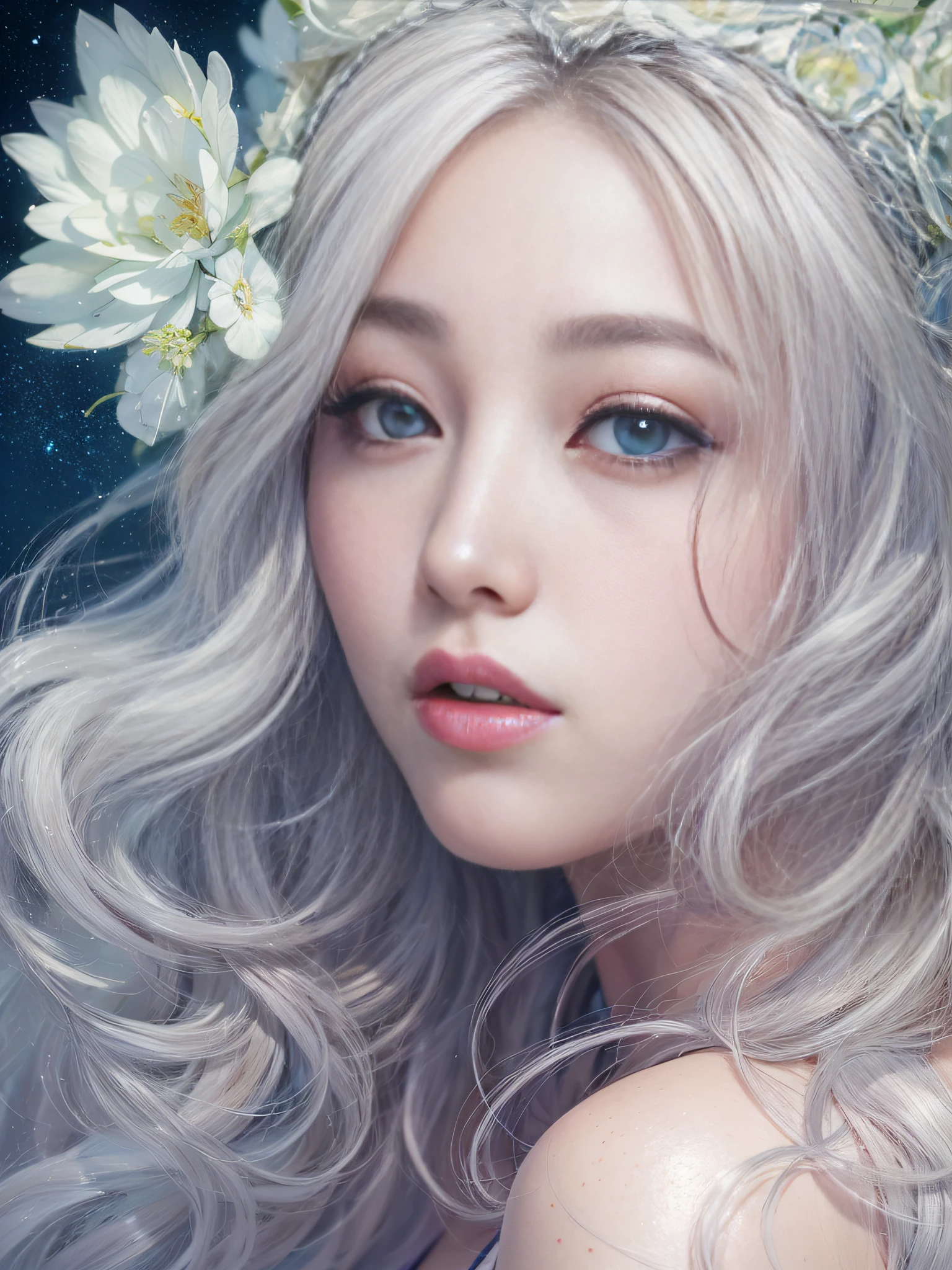 s whole body, Realistic beautiful woman, Light Hair,Beautiful with a large white flower tiara....,  Detailed Eyes, Blue Eyes, side view, A hyper-realistic, anatomical, graceful, Dynamic, highly detaild,  silky, facing the viewer, The body is symmetrically placed and balanced., A stunningly beautiful age girl, detailed hairstyle,, intrikate,((Top  Quality, 8K, ​masterpiece :1.3)), 1woman, A beautiful woman who emphasizes slender abs: 1.3, (casual hairstyle, large full breasts: 1.2), Casual wear: 1.2,  Ultra detail face, Delicate pupils, Double eyelidd, soft breasts, Sorrisos,perfect body proportions, Valley exposure,Full portrait of 18-year-old Korean female face, the moon : It has a striking and subtle appearance.. She has long, Flowing silvery hair glistening like moonlight, It is often styled in loose waves. Her eyes are seductive silvery shades, Reflecting on the relationship with the moon. Luna has a skinny body, They often wear celestial-themed outfits characterized by their graceful physique and silver color, white, ᆞ blue, It resembles a starry night sky..