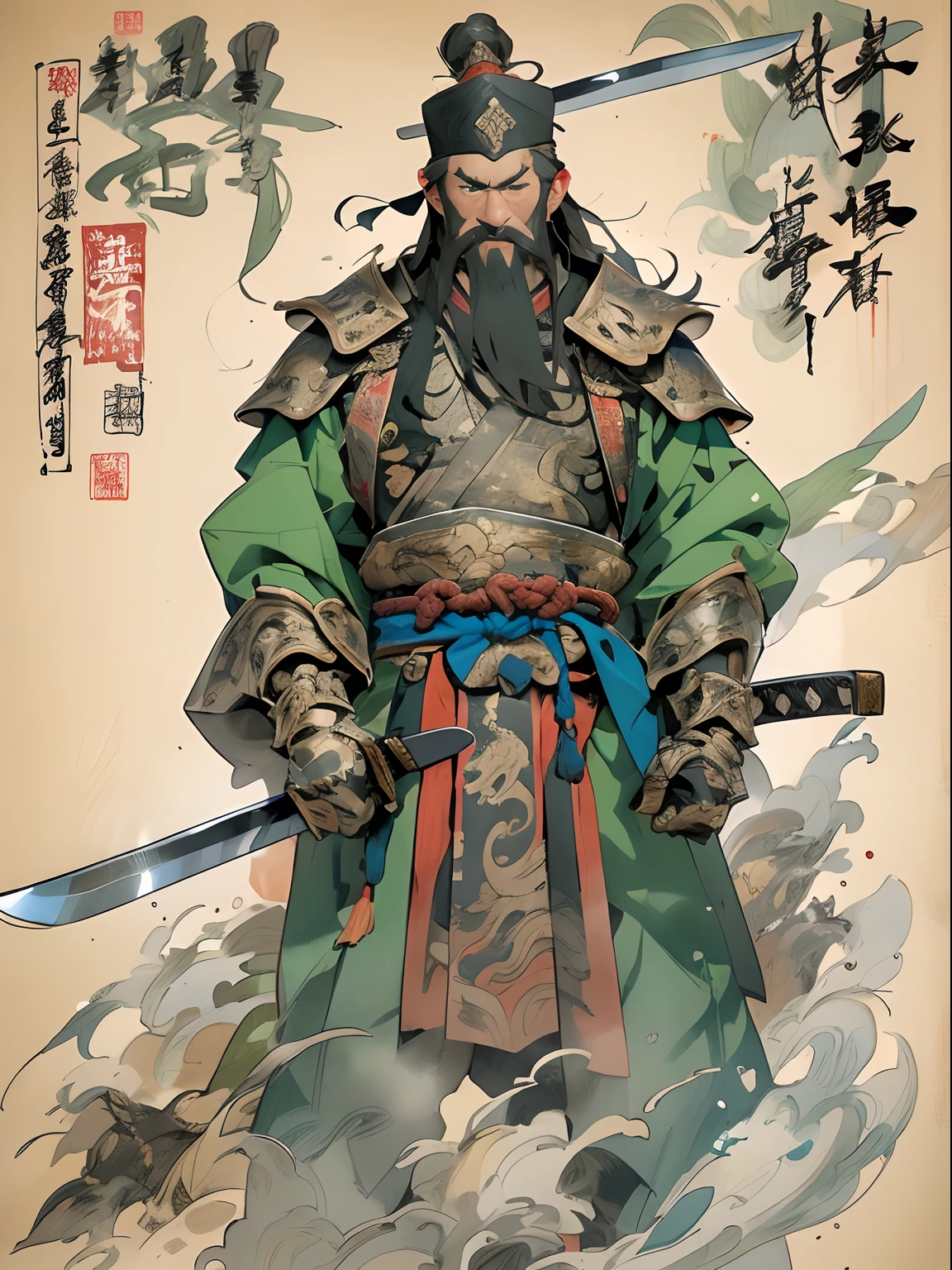 (((China-style,Ink painting method,Half-length portrait,Intense color,Han dynasty, China,Hanfu,Armor,Guan yu,Guan Yunchang,of a guy,Ruddy killing square face,Hold the Blue Dragon Moon Knife in his right hand,Stroke your beard with your left hand,Long hair,petty eyes,Green robe))), (((best qualityer))), (((tmasterpiece))), (((AS-Adult))), ((( Japanese ))), Look up from your knees, Handsome Asian samurai,perfect body figure, Modern samurai, ((( Asian))), Wear gloves on your hands,The left arm is made of steel and metal tips,Made of protective devices, The eyes are pulled, (( Appears below the chest )), (( Small dental floss )), Simon Bisley, Almost naked(Simon Bisley)Castle City Wilderness,For high-resolution posters, hair straight, Minimum clothing, armure (Crazy clothes ), Full of tips and rivets, tribal tattoos, (((full bodyesbian))), Straight brunette hair,Colored hair ends